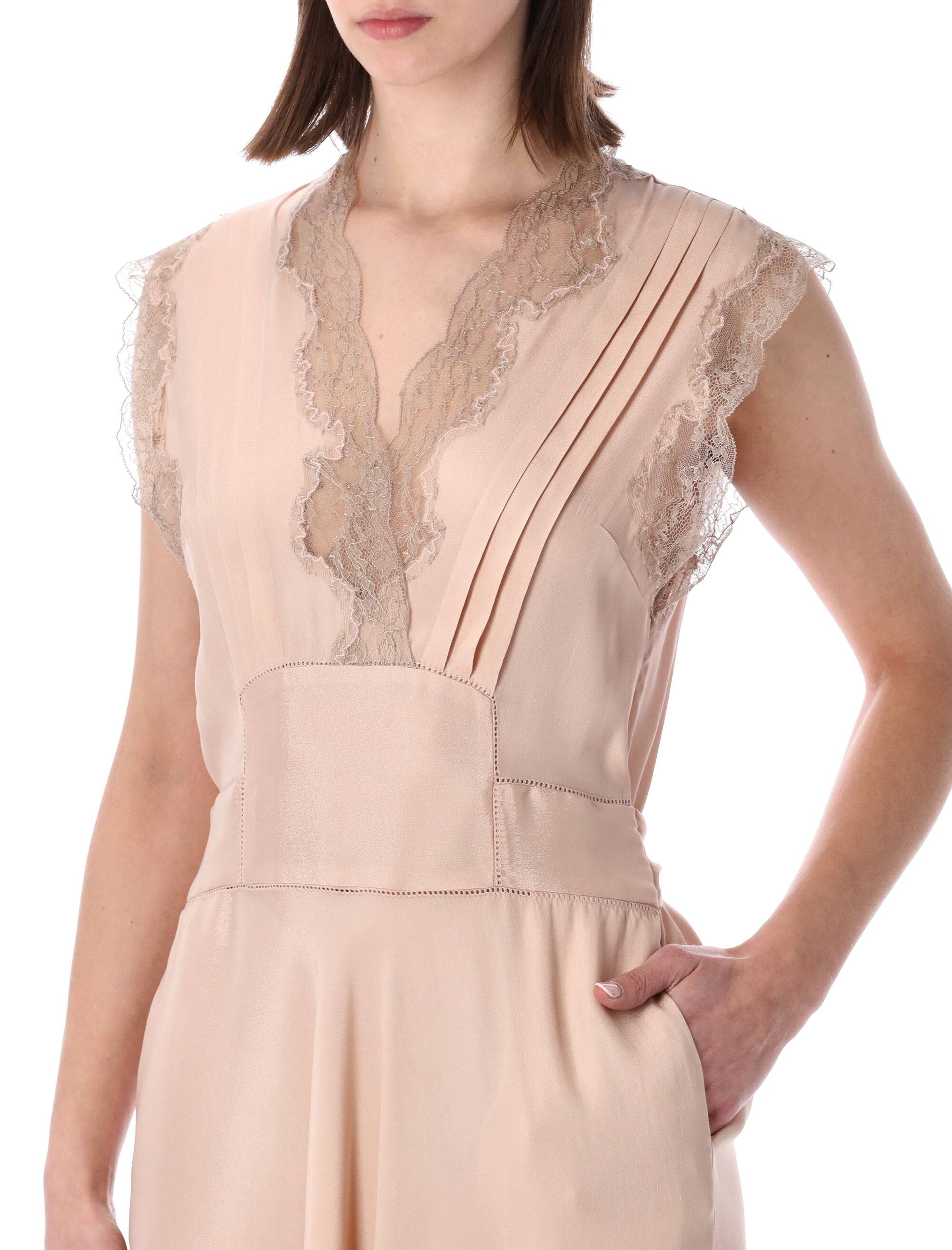 Maison Margiela Silk Lace Detail Midi Dress Light Pink Acetate