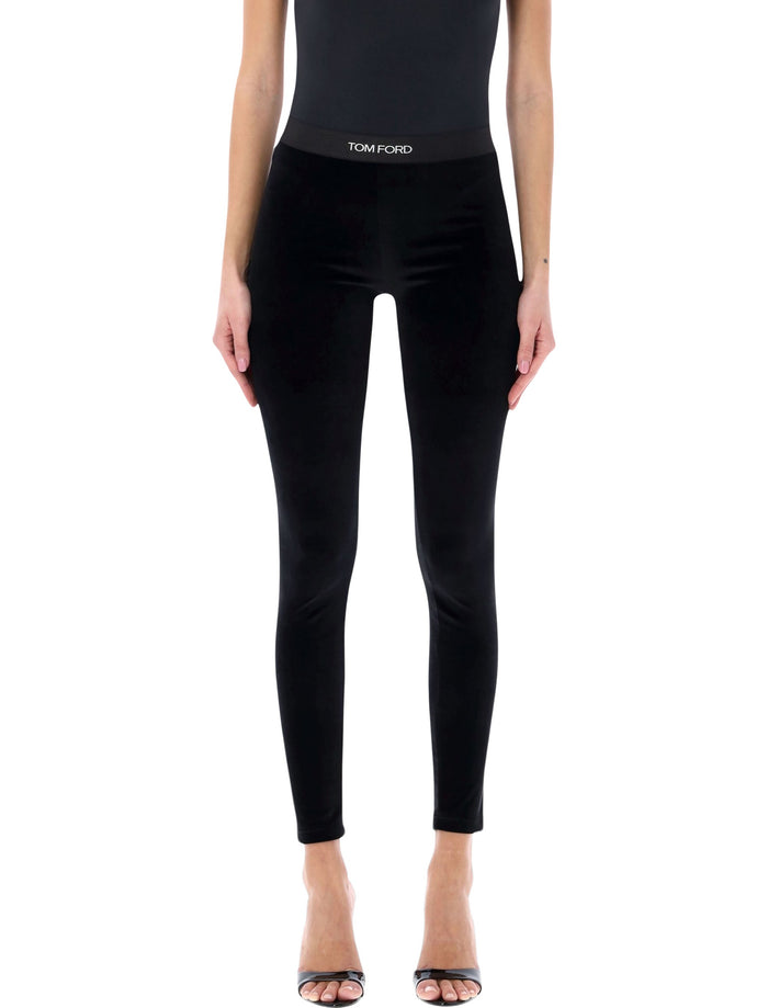 Tom Ford black stretch velour logo leggings Triacetate