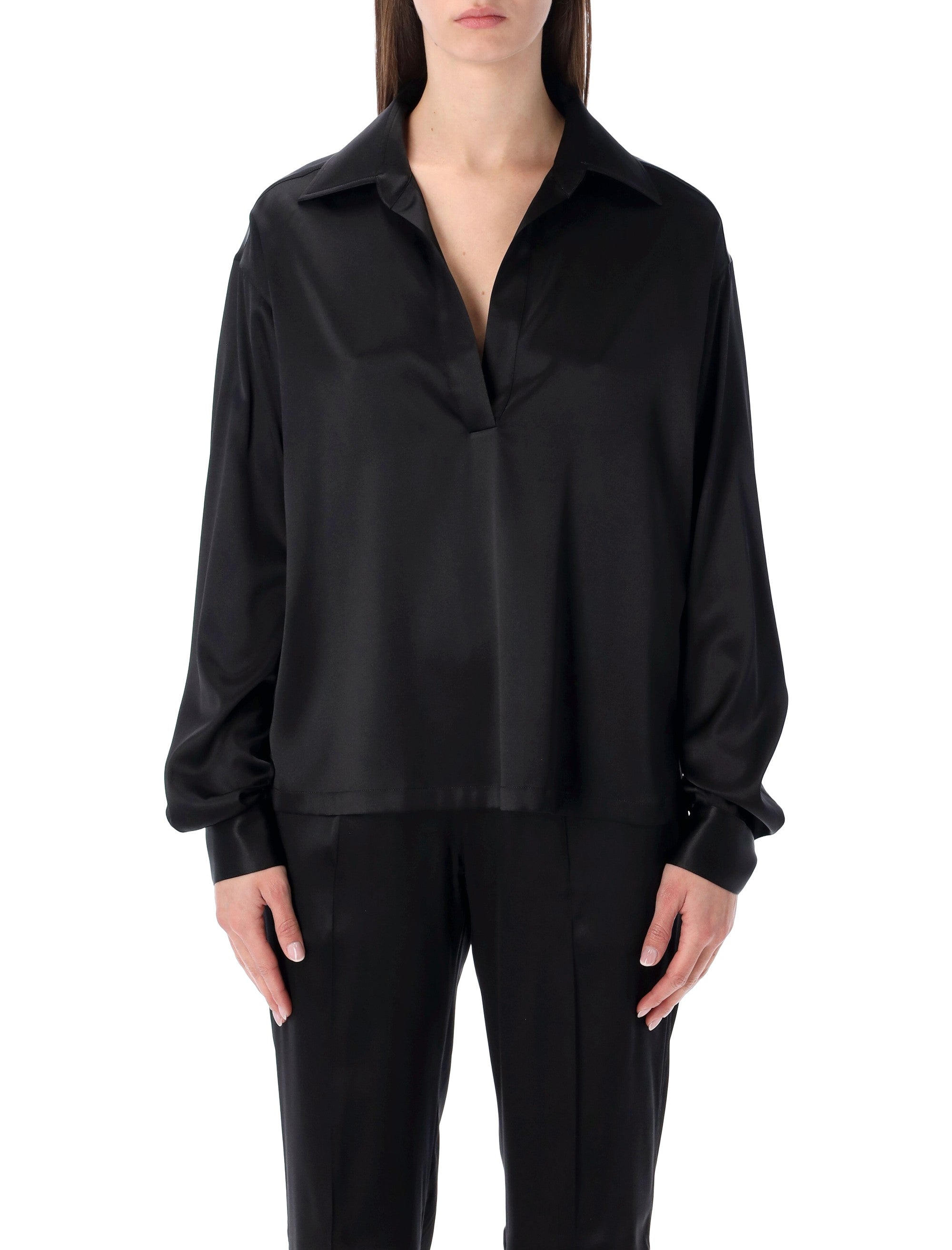 Tom Ford slk stin plo with tonal TF logo Black Silk Shirt