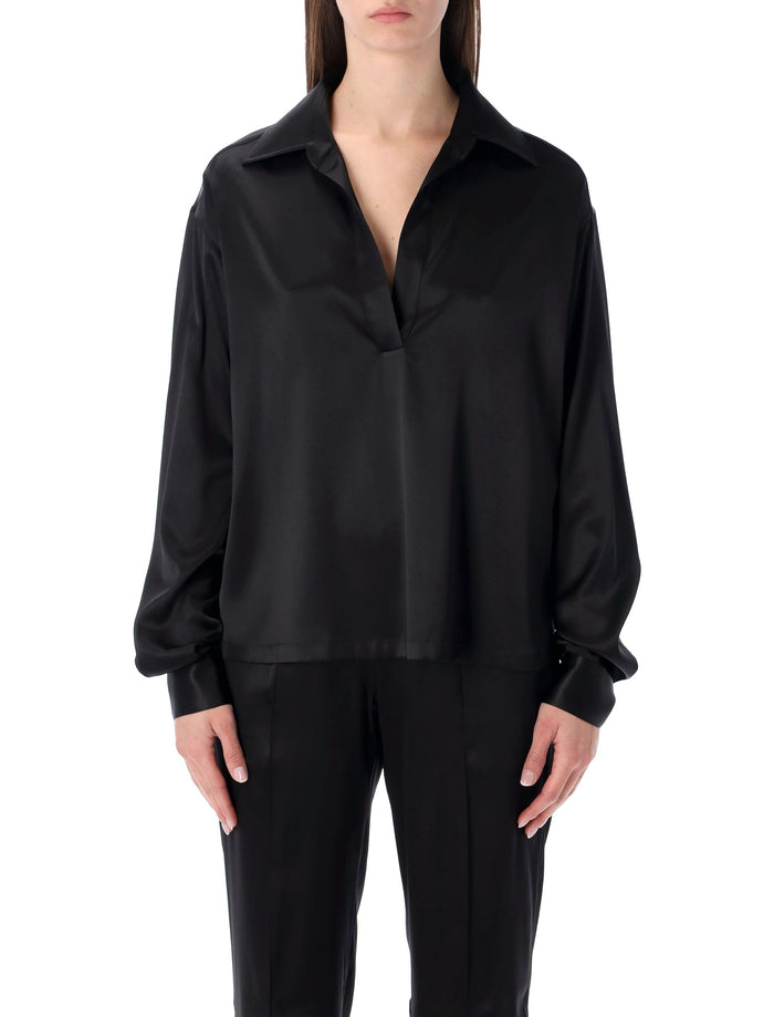 Tom Ford slk stin plo with tonal TF logo Black Silk Shirt
