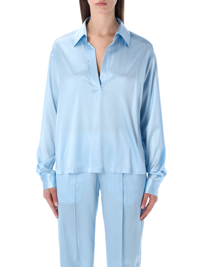 Tom Ford slk stin plo with tonal TF logo Frost Light Blue Silk Shirt
