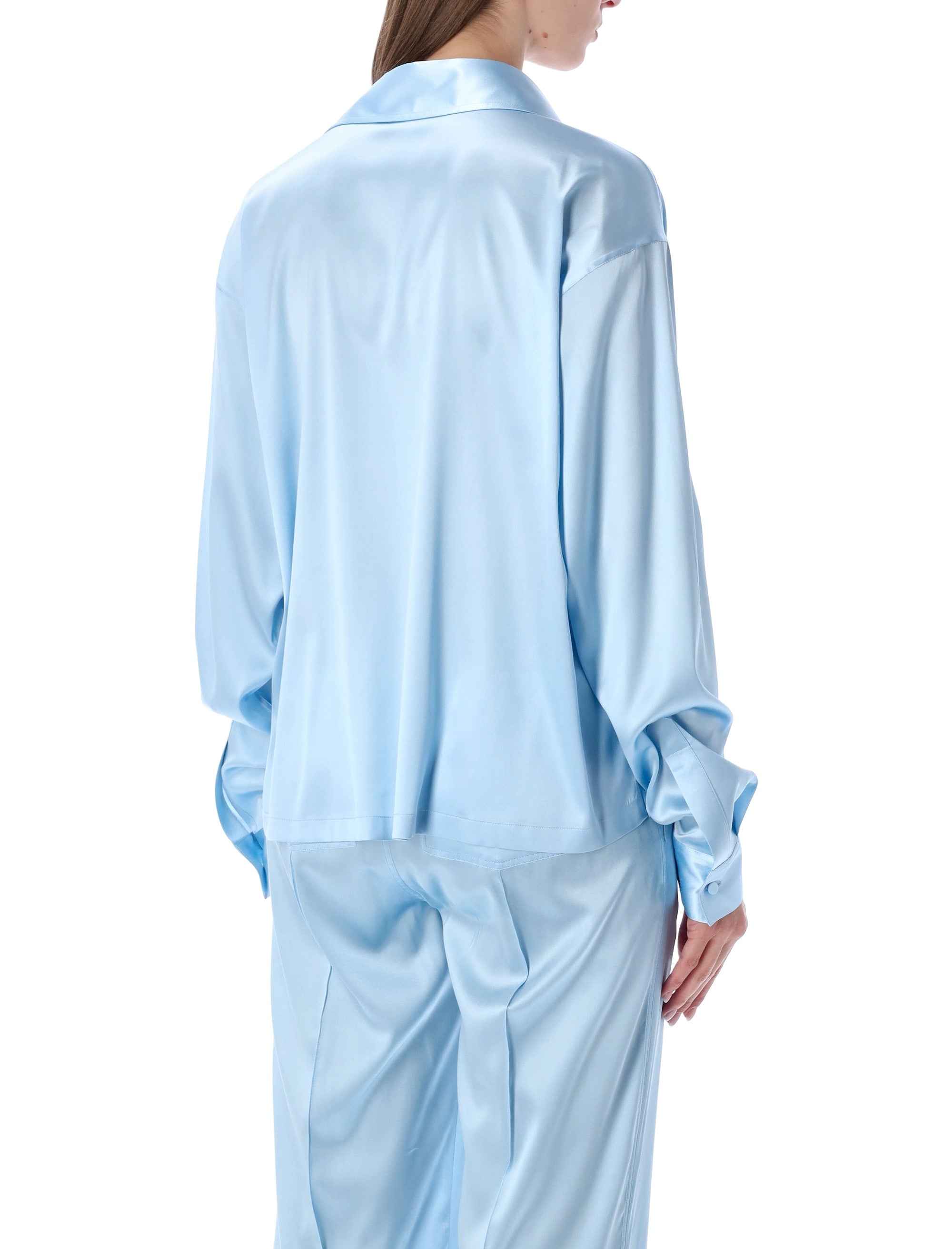 Tom Ford slk stin plo with tonal TF logo Frost Light Blue Silk Shirt