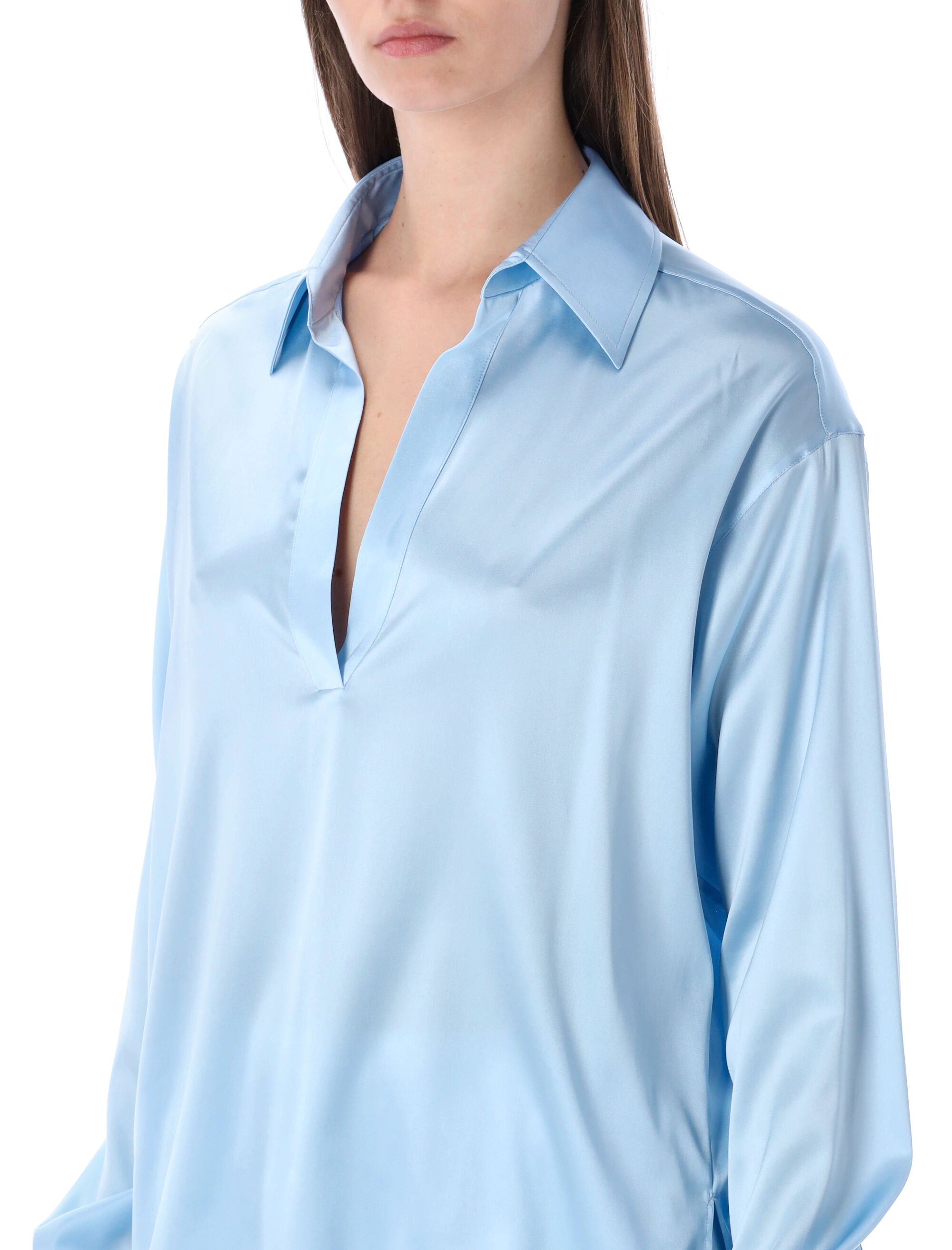 Tom Ford slk stin plo with tonal TF logo Frost Light Blue Silk Shirt