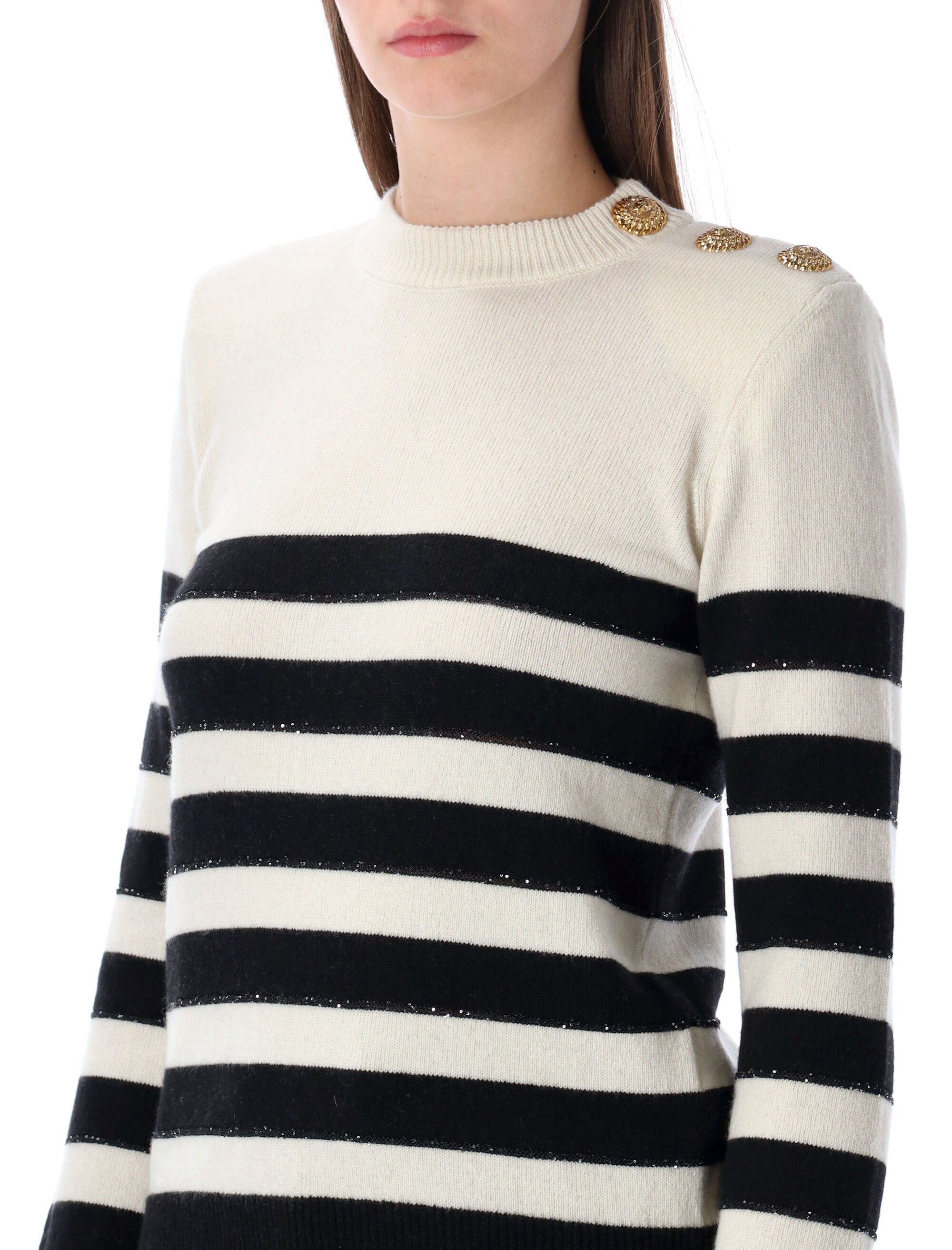 Balmain striped wool cashmere buttoned jumper Natural Black Sweater