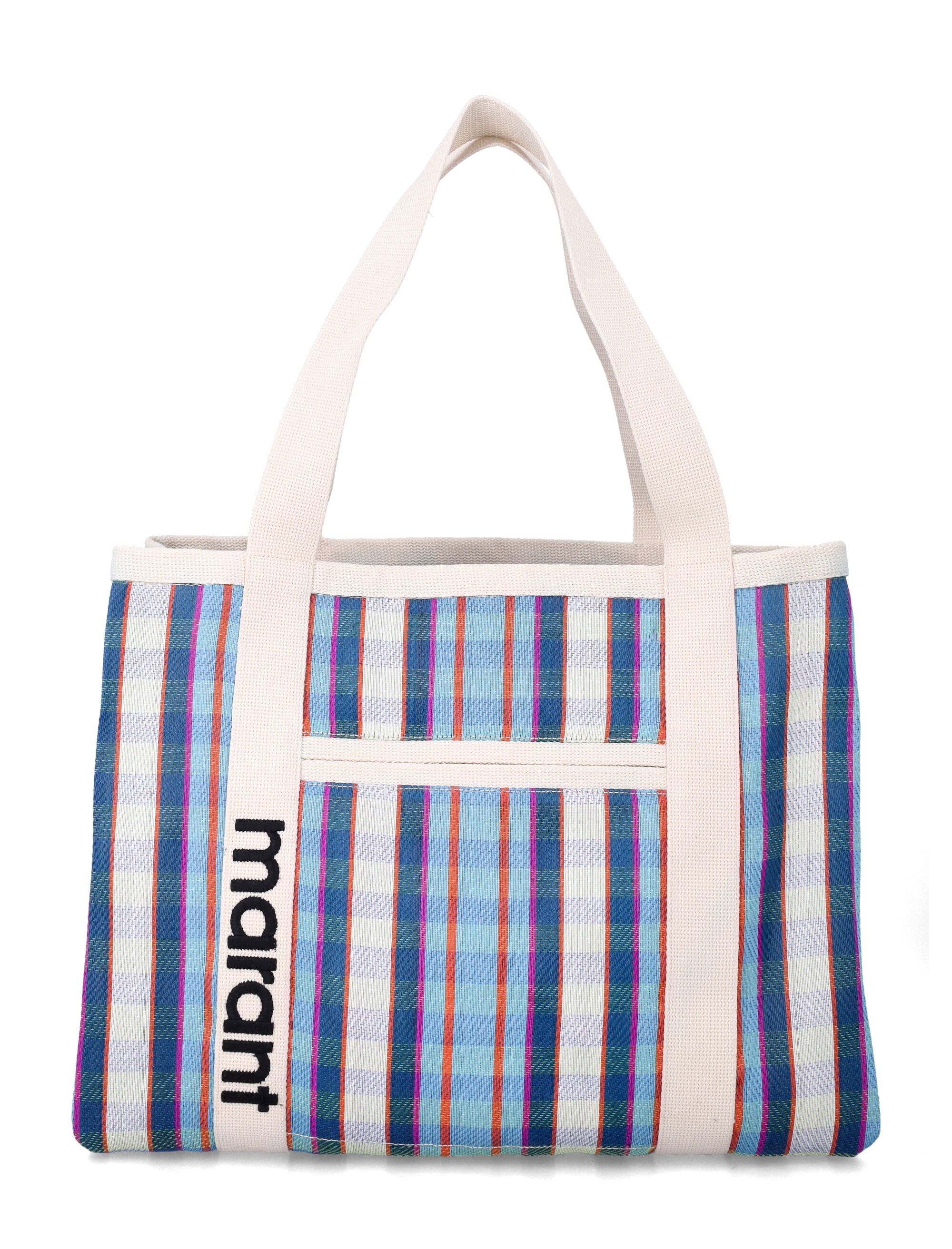 Isabel Marant Darwen striped shoulder tote Torquise Chalk Nylon