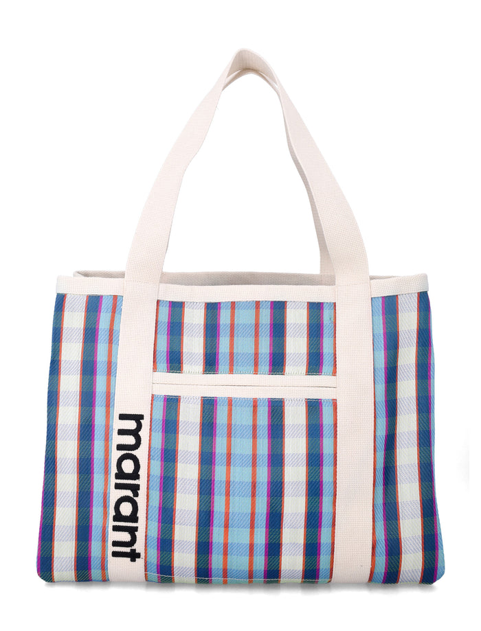 Isabel Marant Darwen striped shoulder tote Torquise Chalk Nylon