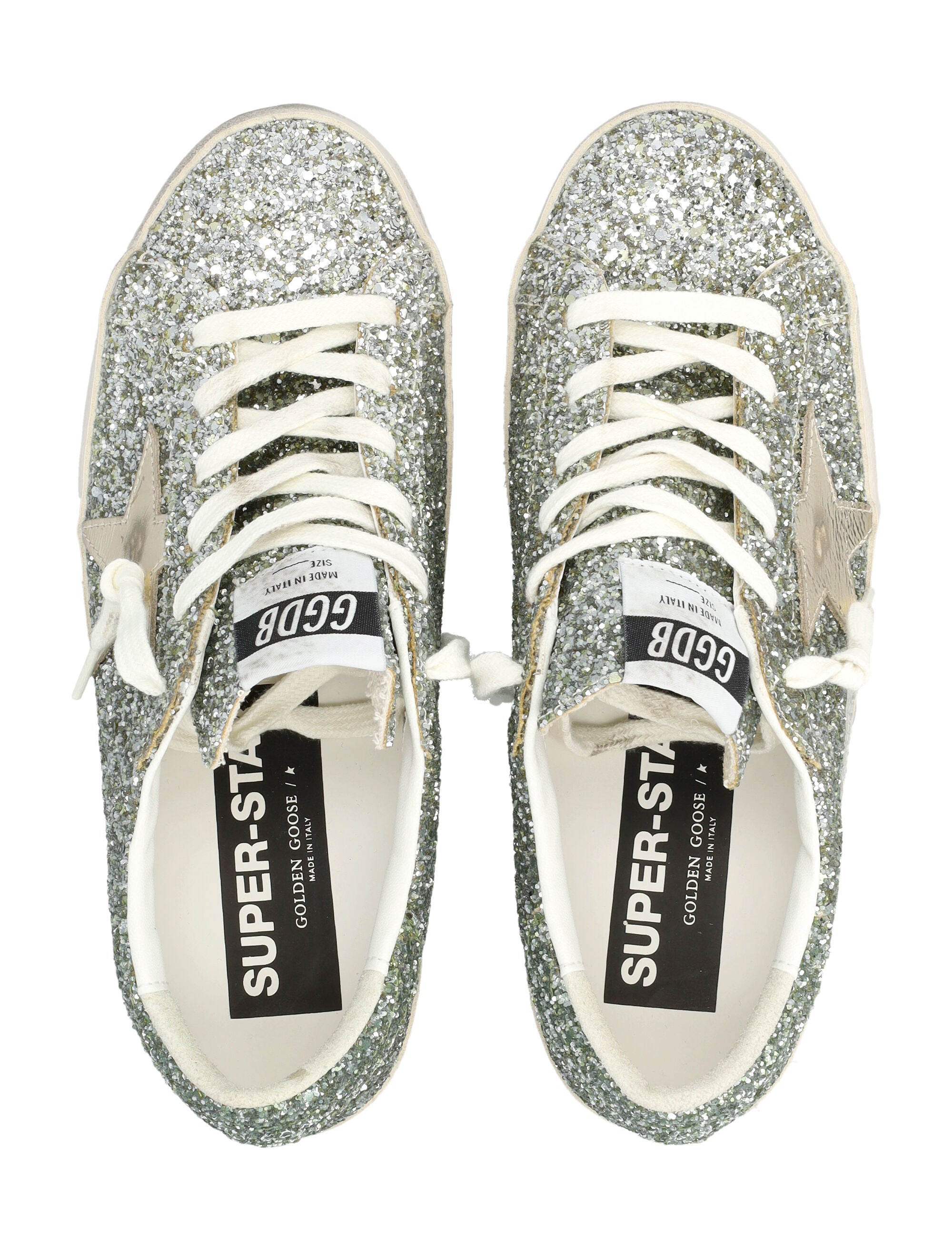 Golden Goose Glitter Super-Star womans sneakers Platinum/green Upper
