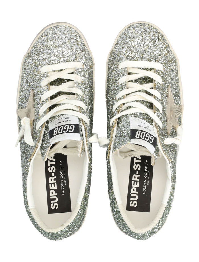 Golden Goose Glitter Super-Star womans sneakers Platinum/green Upper