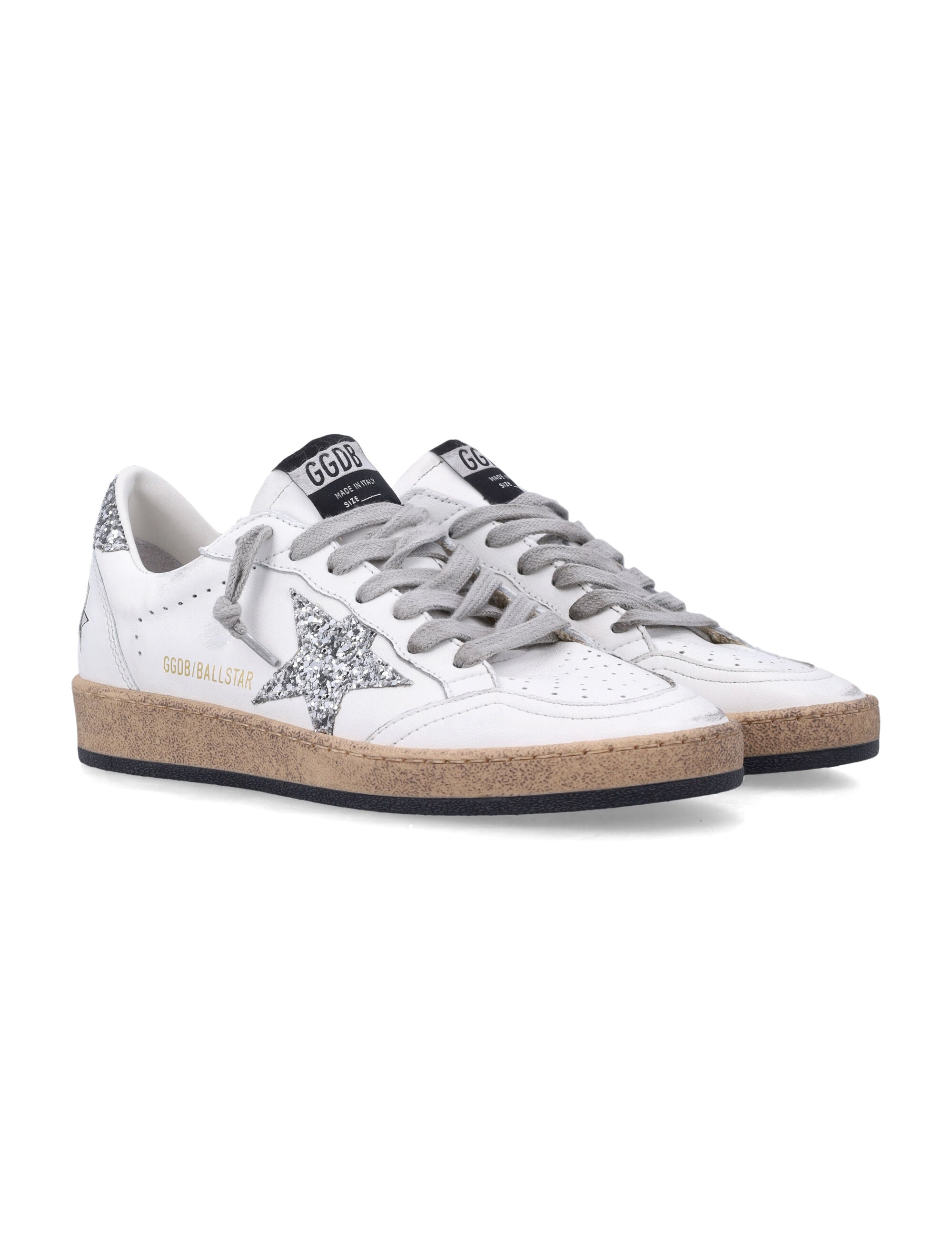 Golden Goose Womens Ball Star Sneakers With Glitter White Silver Upper