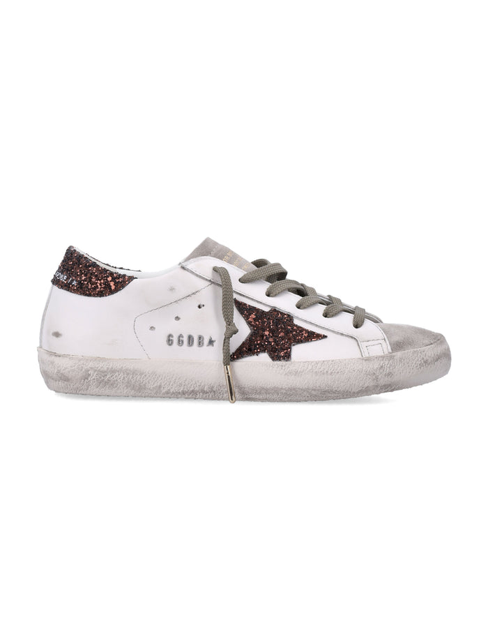 Golden Goose Super-Star Womans Sneakers With Glitter Star Milk + Brown Upper