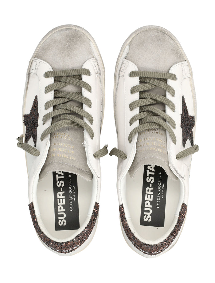 Golden Goose Super-Star Womans Sneakers With Glitter Star Milk + Brown Upper