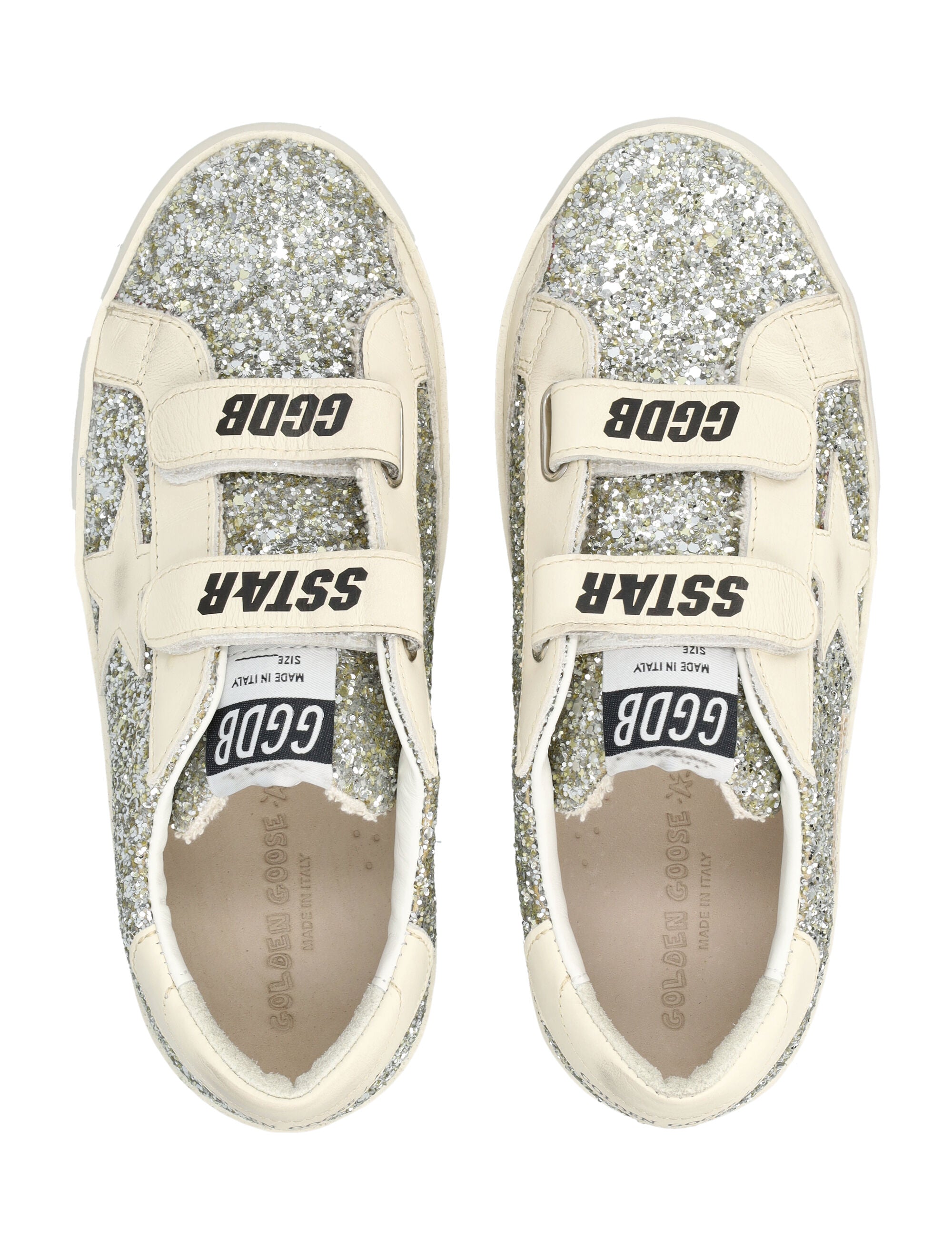 Golden Goose kids Old School glitter and leather sneakers Platimnum/cream Upper