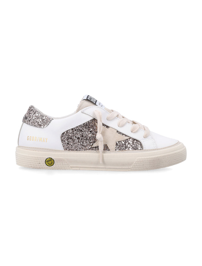 Golden Goose kids May leather and glitter sneakers Optic White/cinder Upper