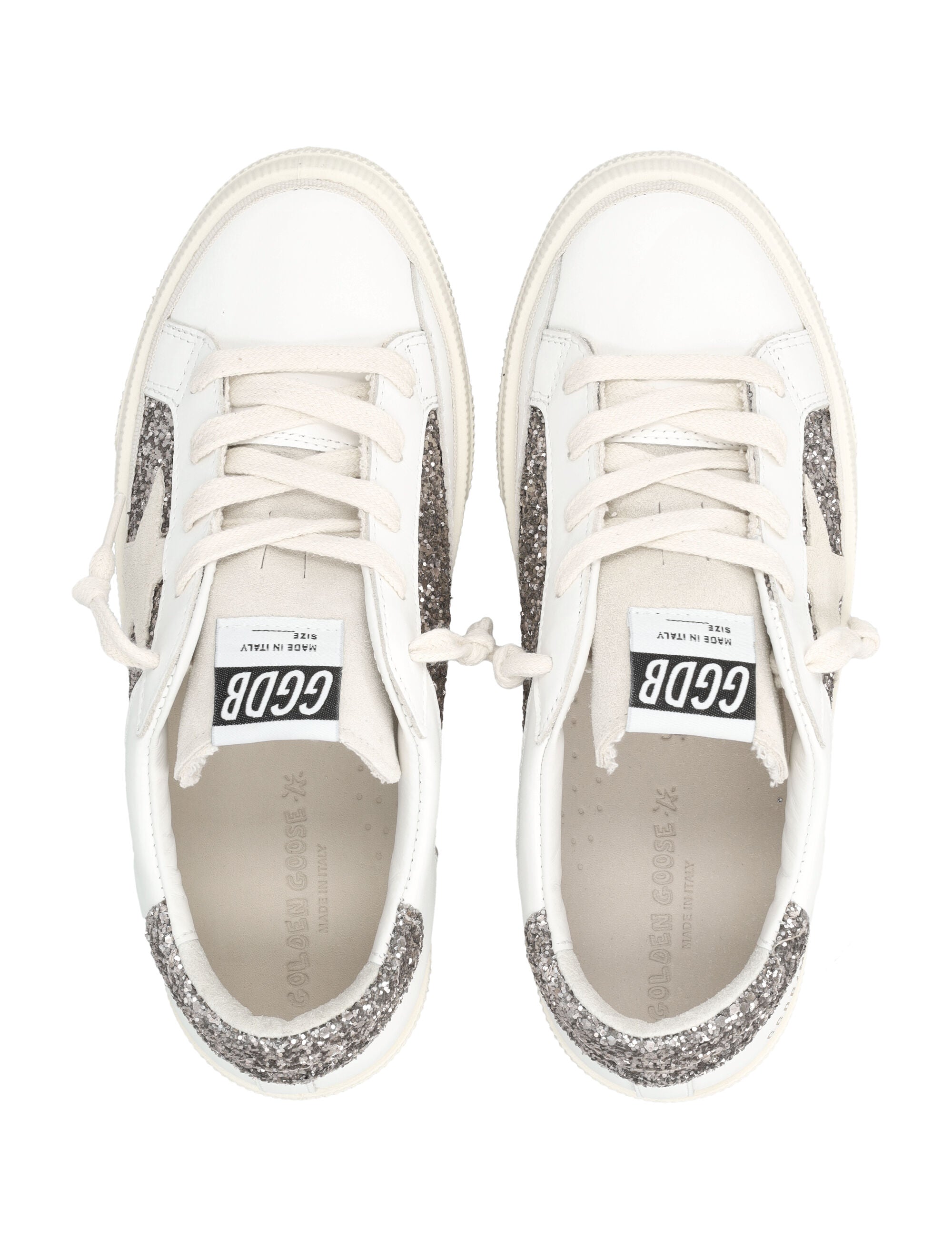 Golden Goose kids May leather and glitter sneakers Optic White/cinder Upper