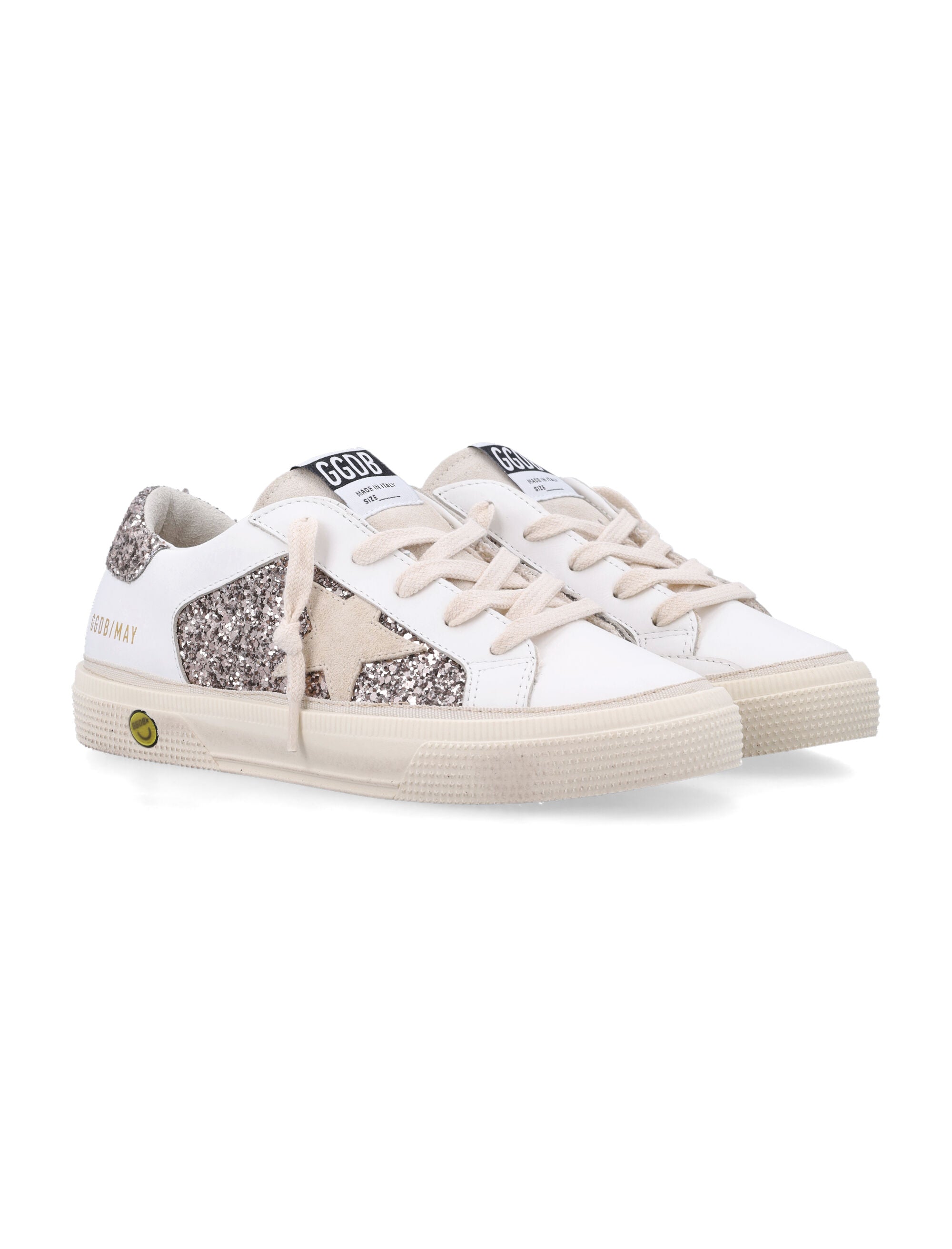 Golden Goose kids May leather and glitter sneakers Optic White/cinder Upper