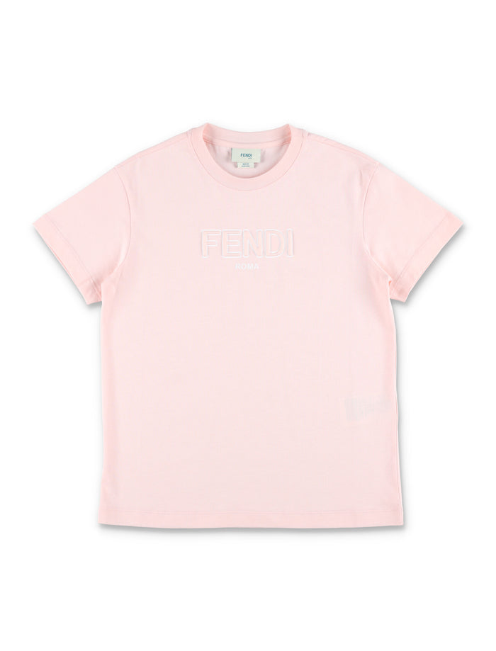 Fendi Kids Cotton T-Shirt With Embossed Logo For Rosa Peony Tshirt