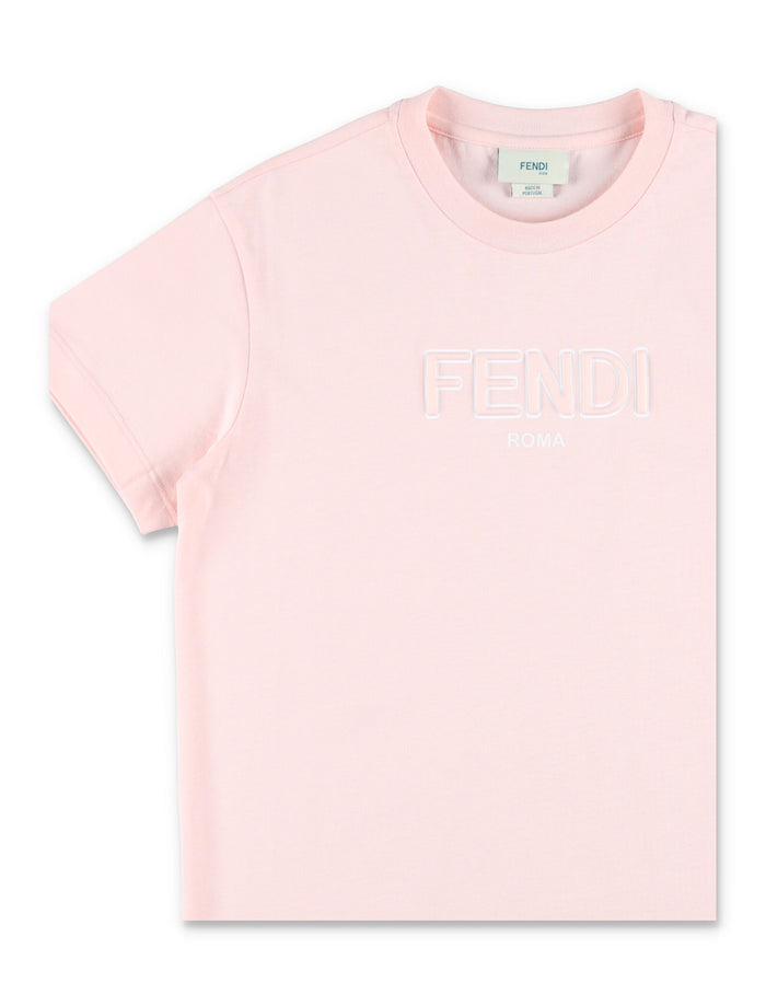 Fendi Kids Cotton T-Shirt With Embossed Logo For Rosa Peony Tshirt