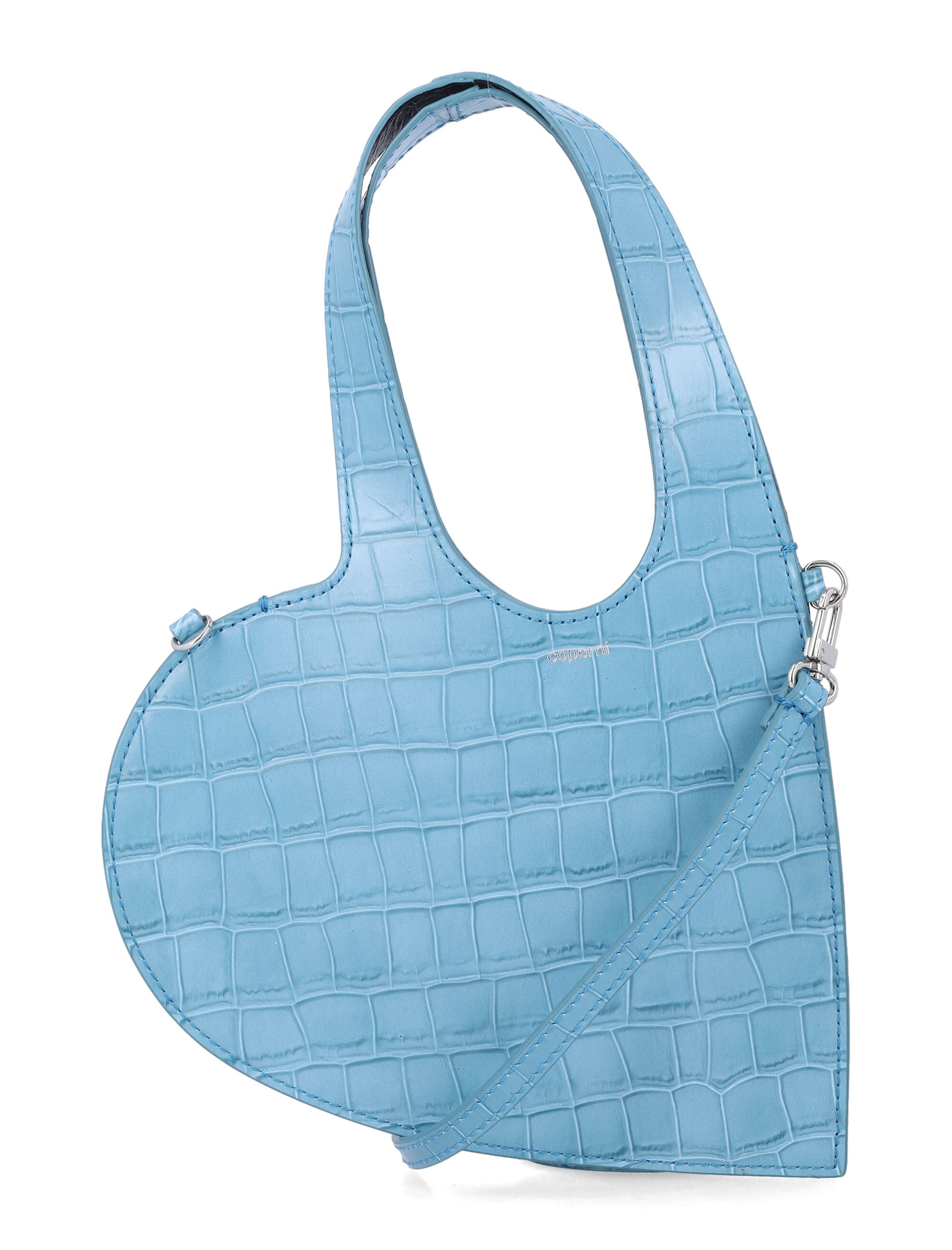Coperni Baby Heart croc-embossed leather shoulder bag Blue Cow