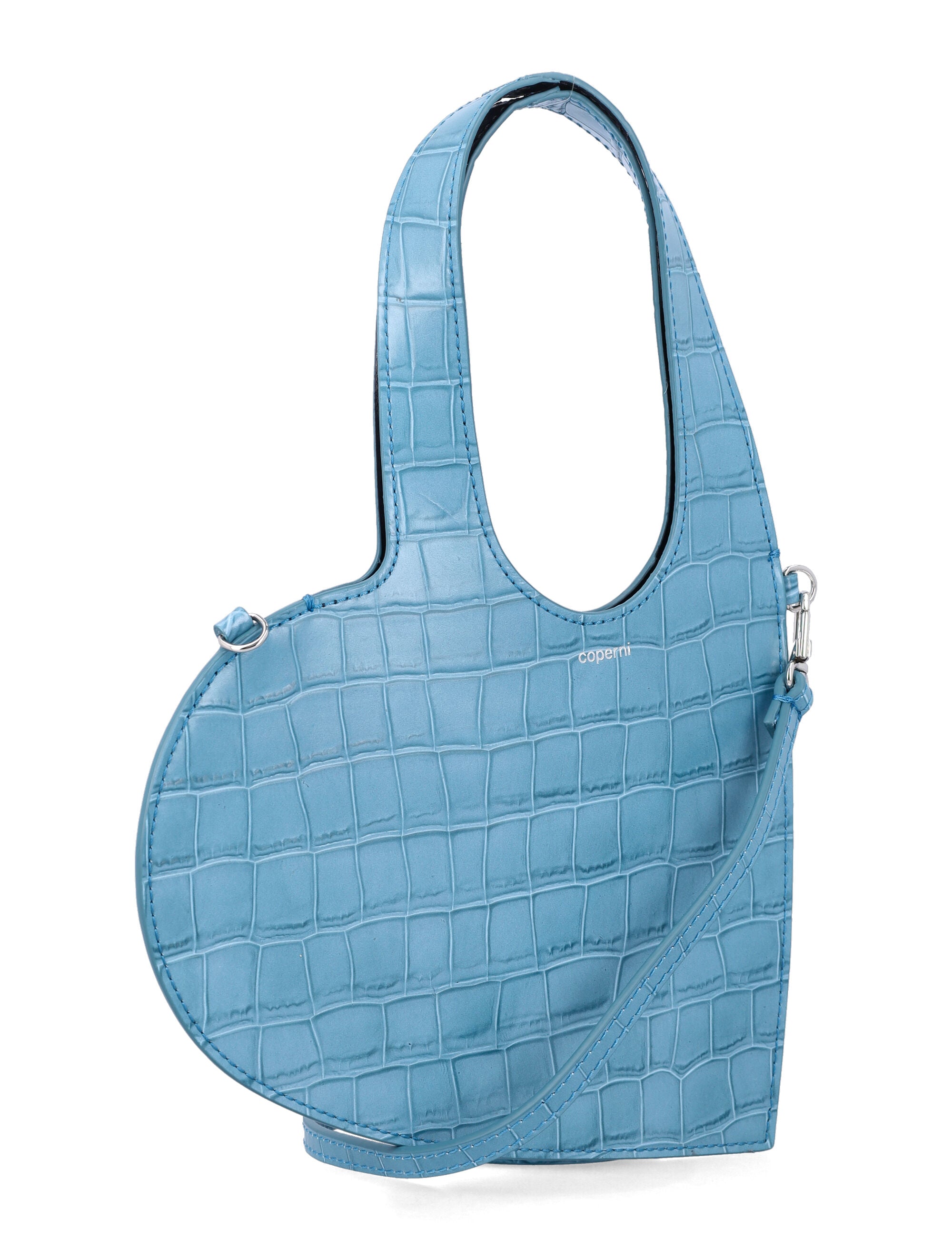 Coperni Baby Heart croc-embossed leather shoulder bag Blue Cow