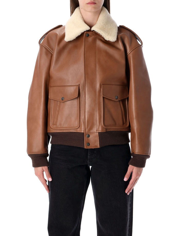 Brown leather bomber jacket with shearling collar Terracotta Calf