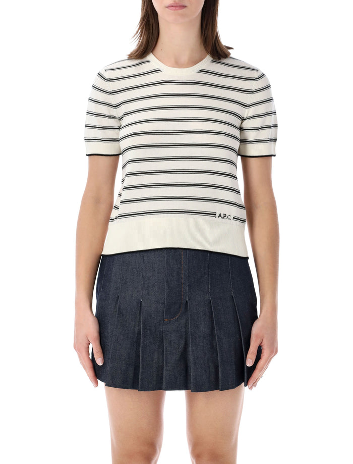 A.p.c. Striped Short-Sleeve Knit Top Ecru Black Stripes Cotton Sweater