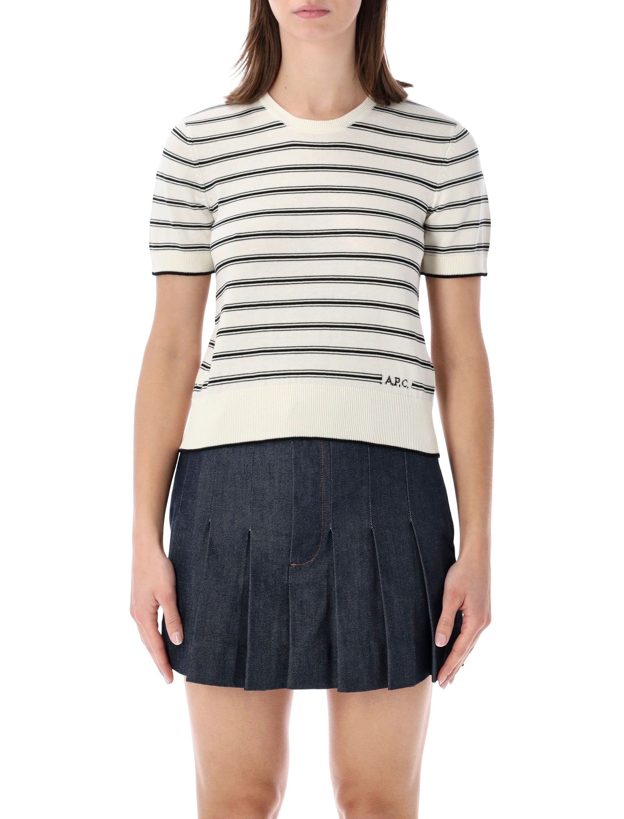 A.P.C. striped short-sleeve knit top Ecru Black Stripes Cotton Sweater