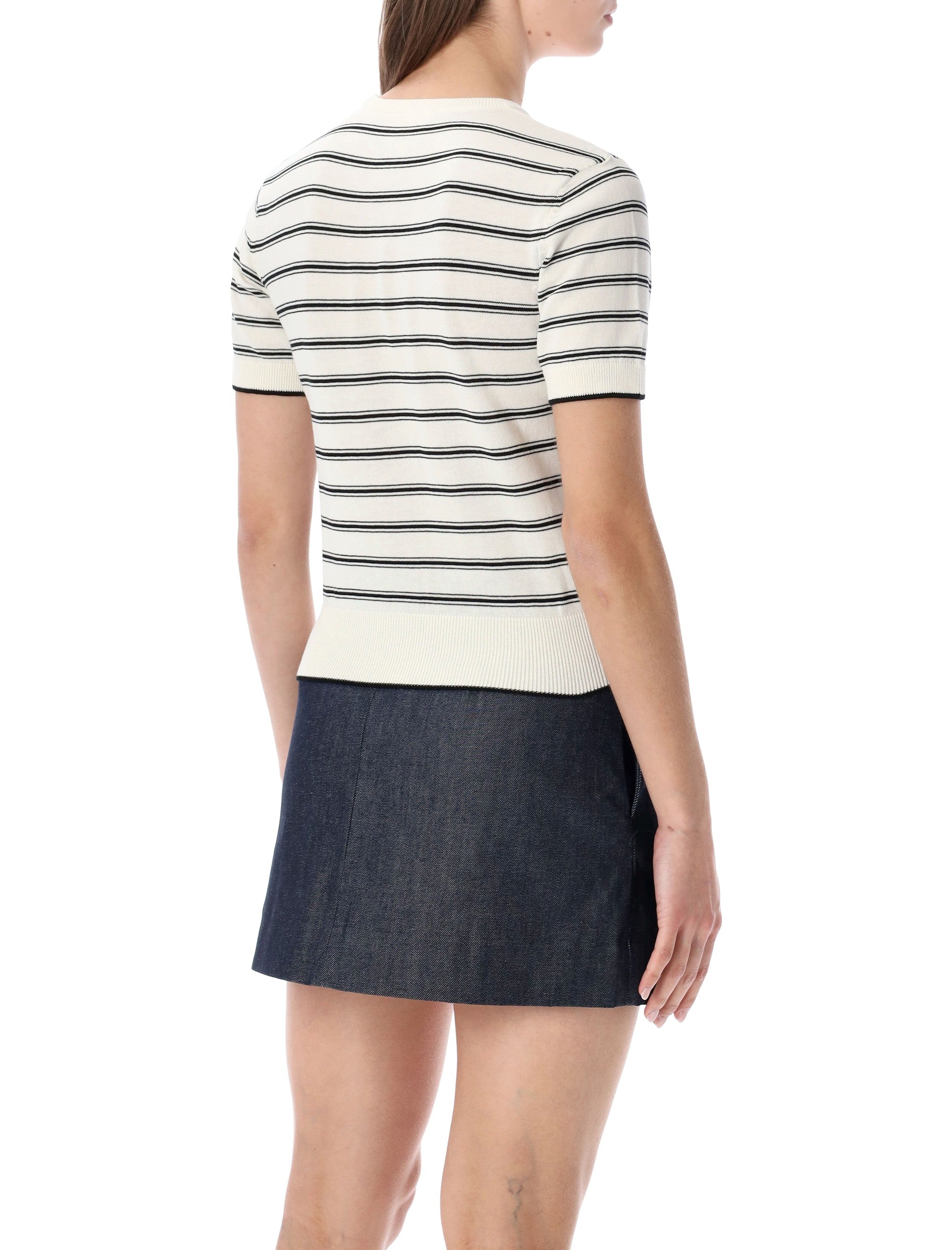 A.P.C. striped short-sleeve knit top Ecru Black Stripes Cotton Sweater