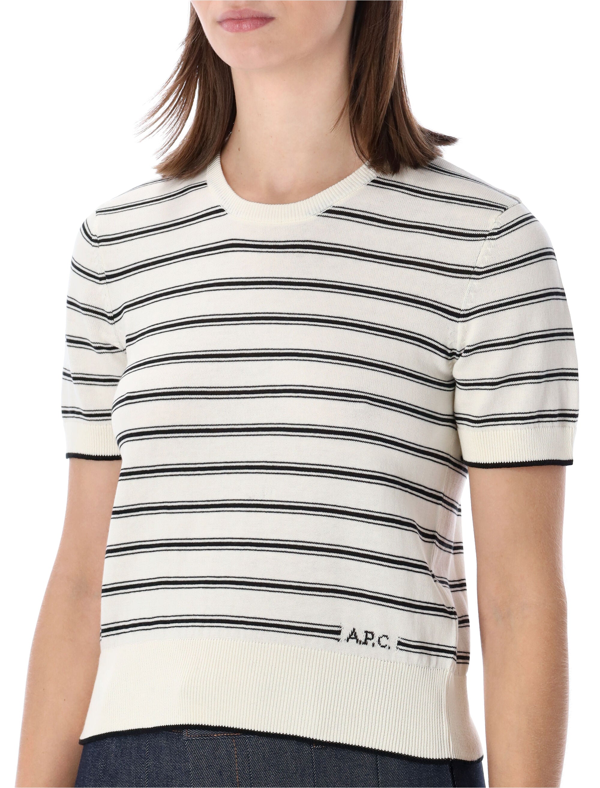 A.P.C. striped short-sleeve knit top Ecru Black Stripes Cotton Sweater
