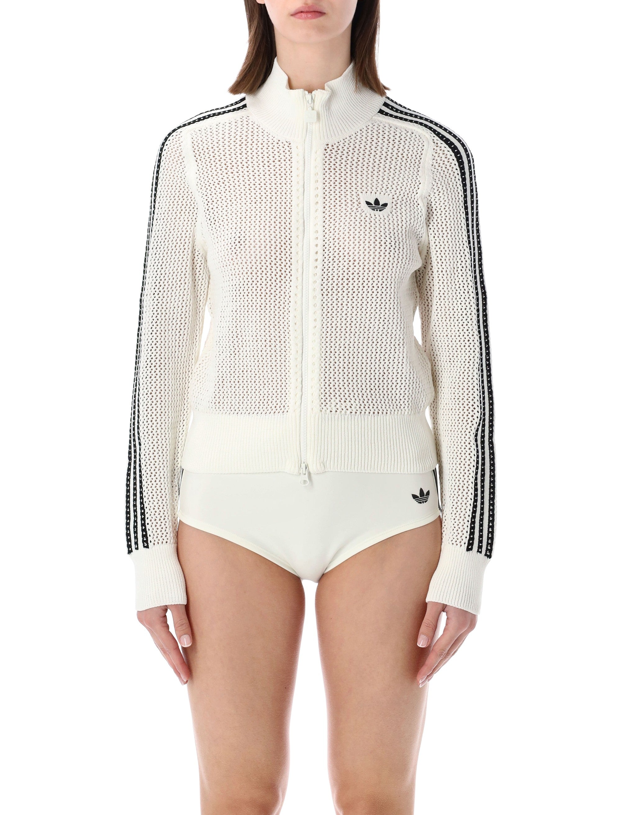 adidas Originals knitted crochet Firebird top White Recycled Polyester Cardigan