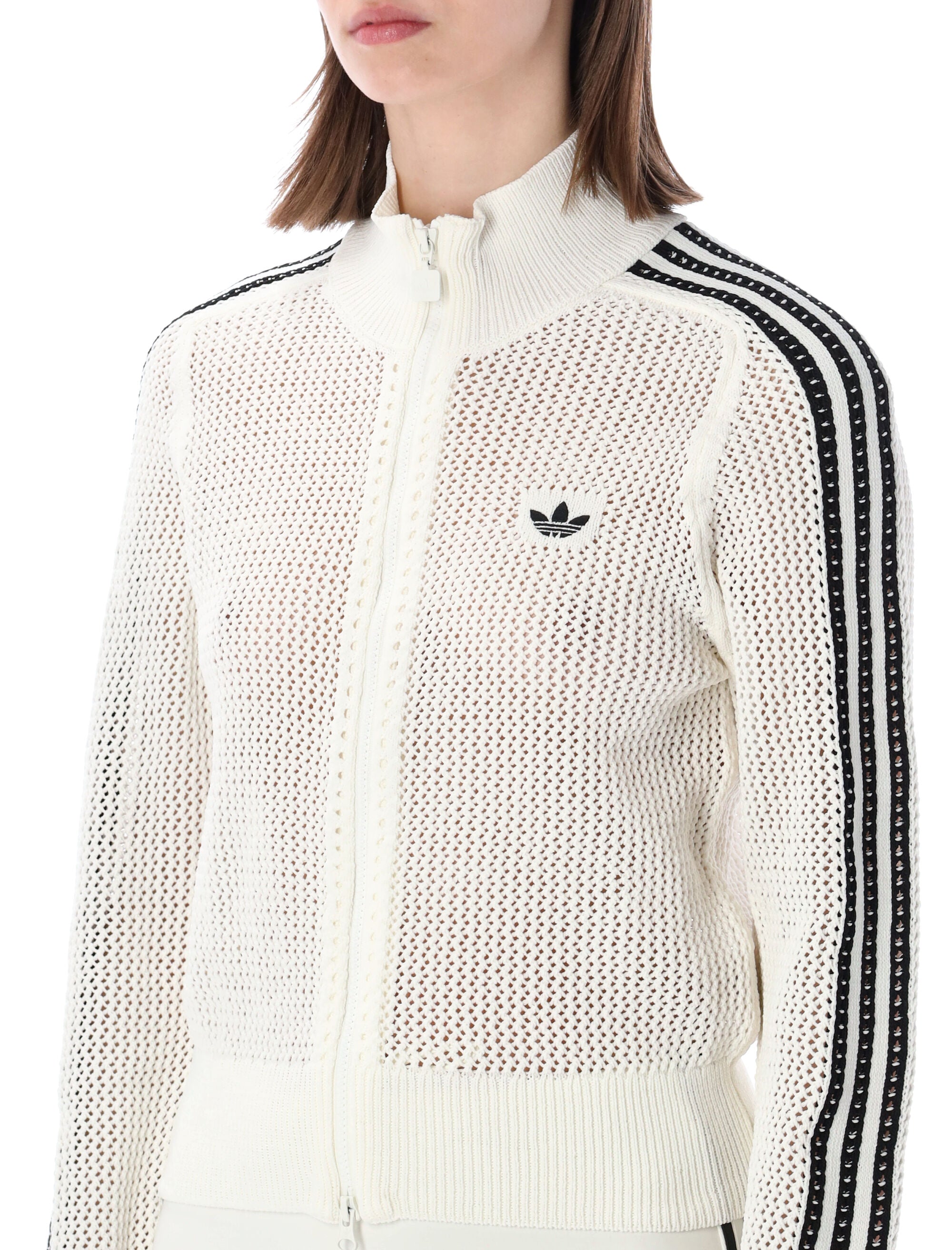 adidas Originals knitted crochet Firebird top White Recycled Polyester Cardigan