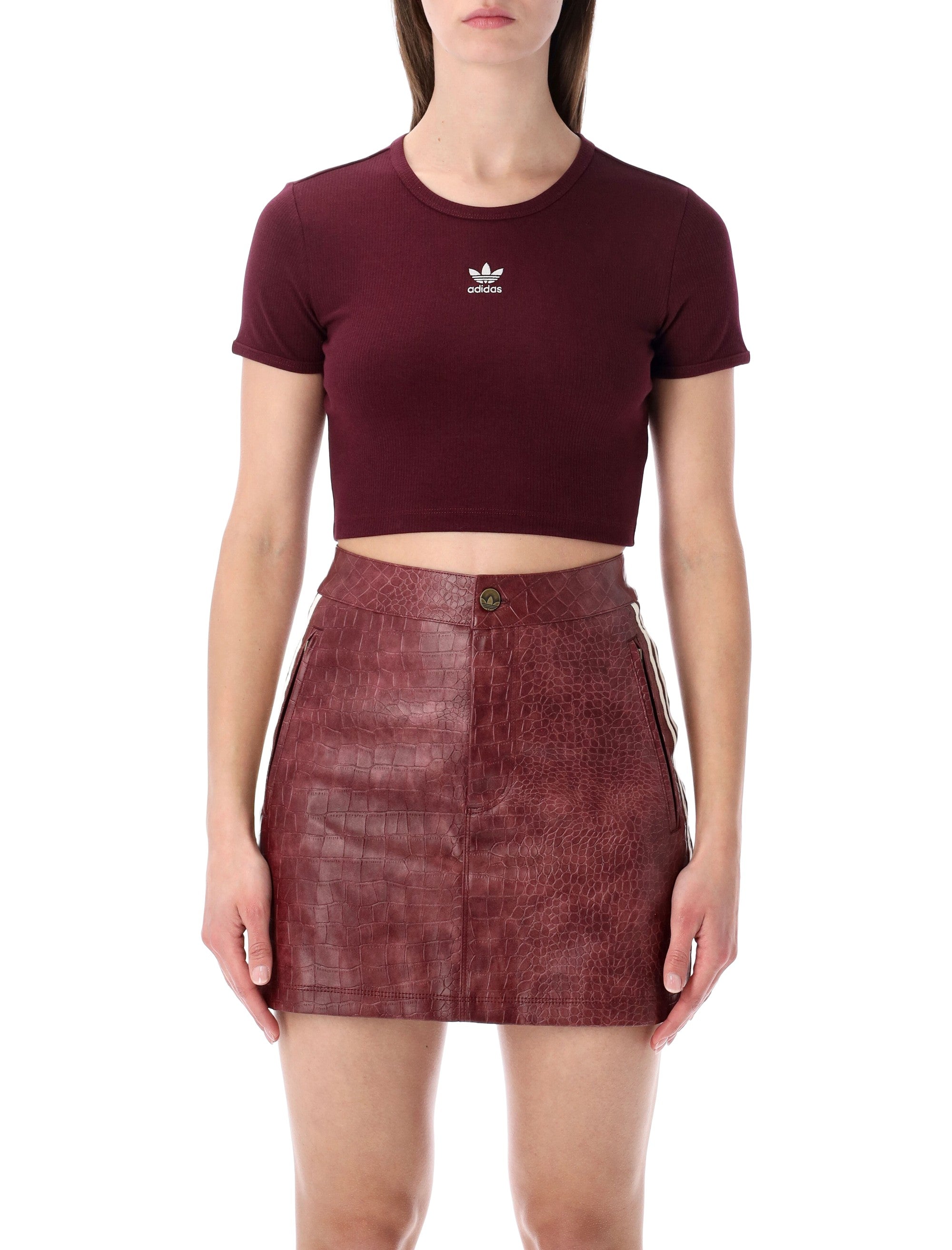 Adidas Originals ribbed cropped t-shirt Maroon Cotton Tshirt