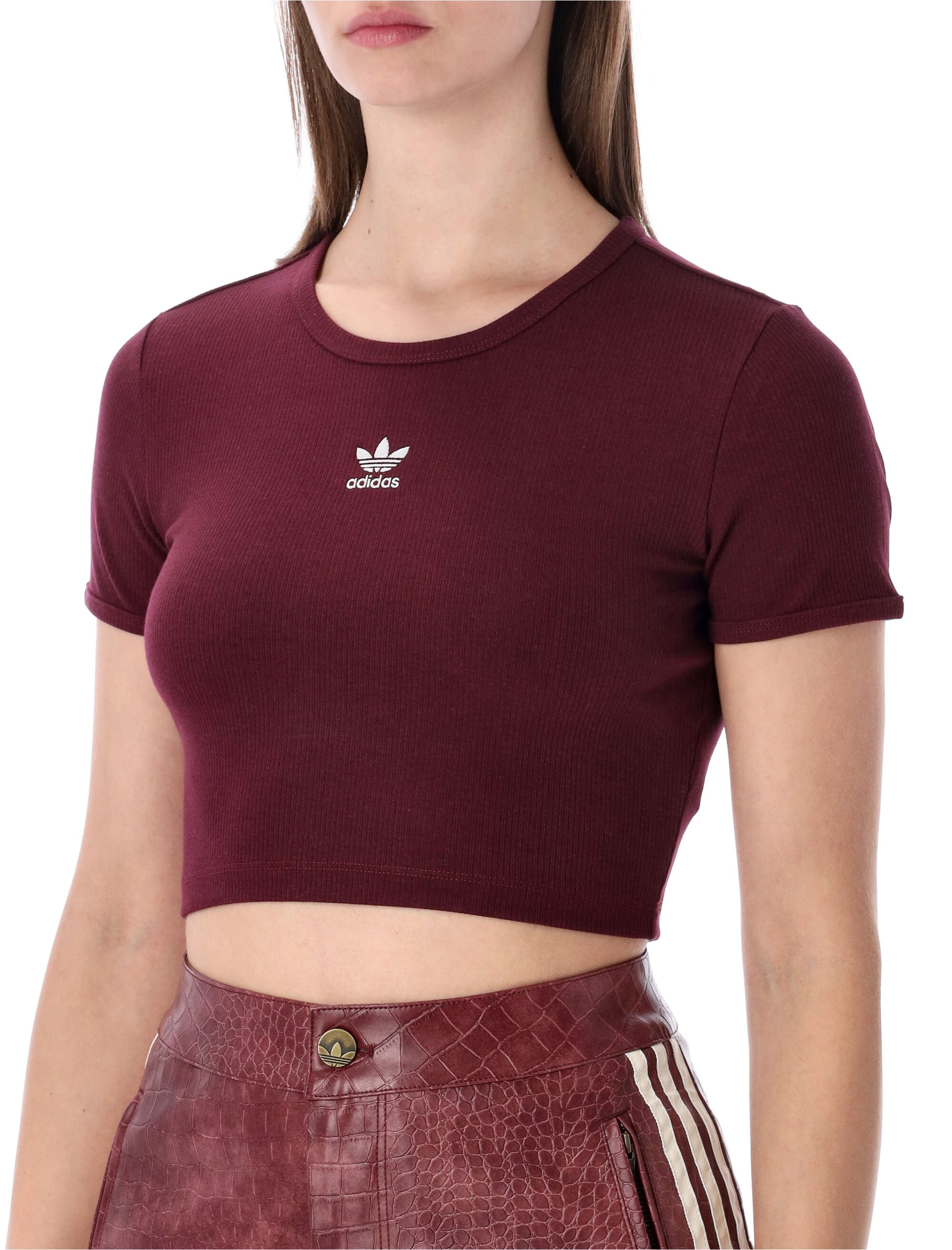 Adidas Originals ribbed cropped t-shirt Maroon Cotton Tshirt