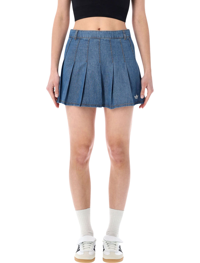 Adidas Originals Pleated Denim Skirt Blue Cotton