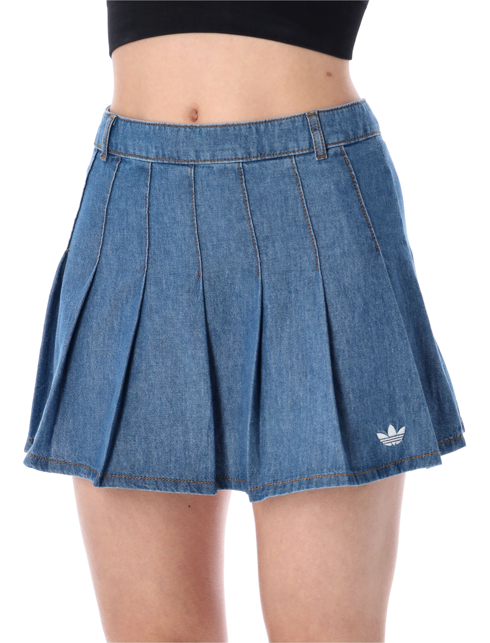 Adidas Originals Pleated Denim Skirt Blue Cotton