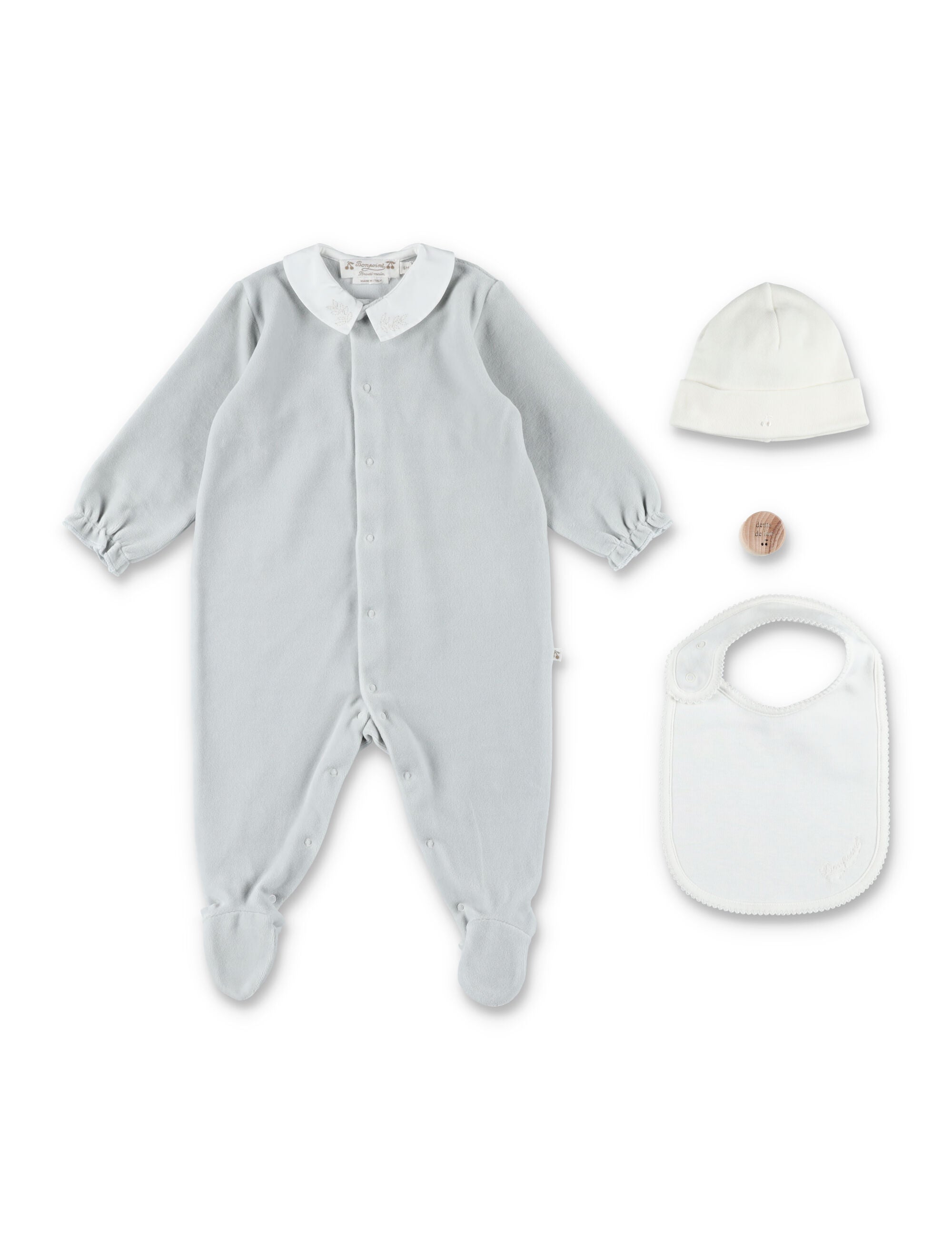 Bonpoint Light Blue Baby Cotton Gift Set Bleu Gris Jumpsuit