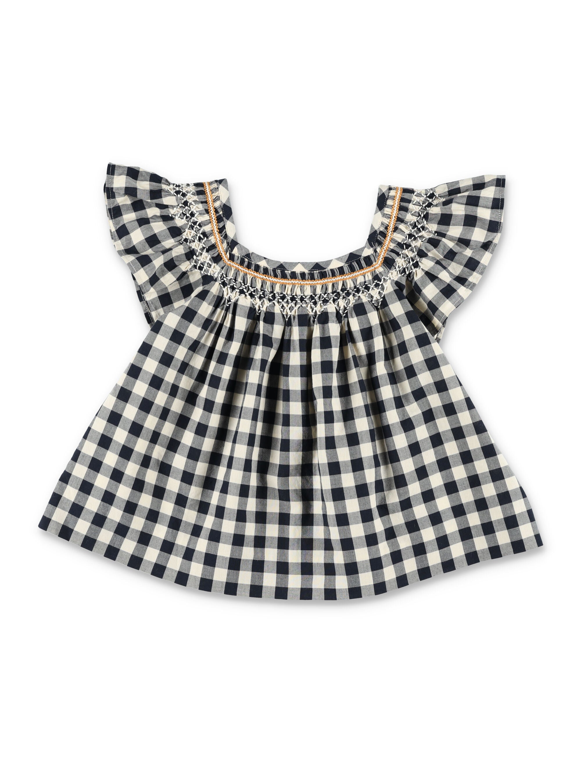 Bonpoint Carlie Girls Hand-Embroidered Smocked Blouse Dark Grey Cotton Shirt