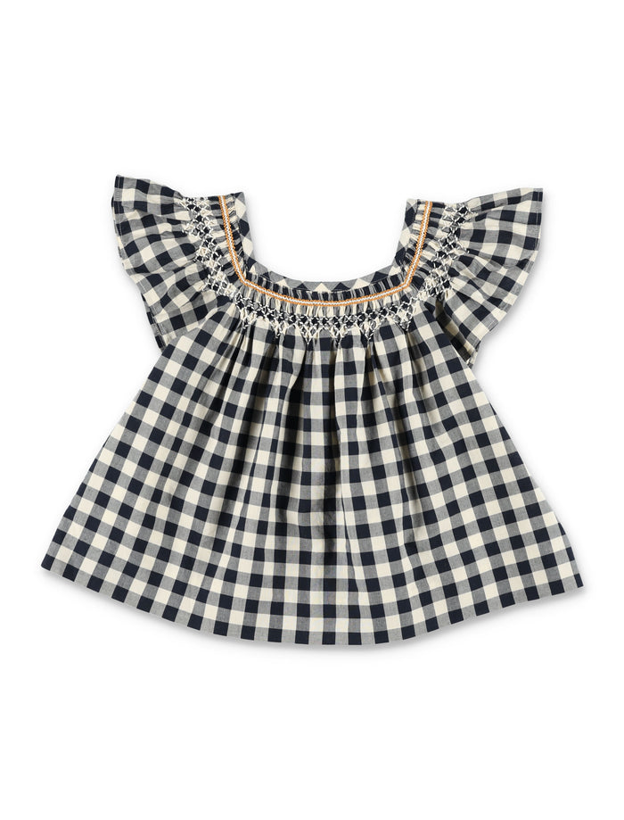Bonpoint Carlie Girls Hand-Embroidered Smocked Blouse Dark Grey Cotton Shirt