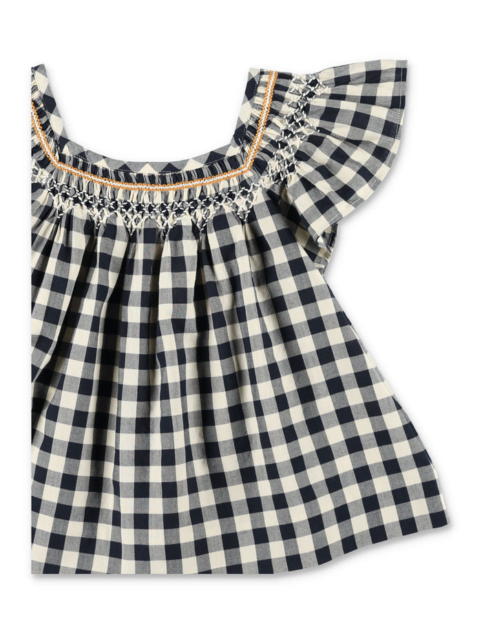 Bonpoint Carlie Girls Hand-Embroidered Smocked Blouse Dark Grey Cotton Shirt
