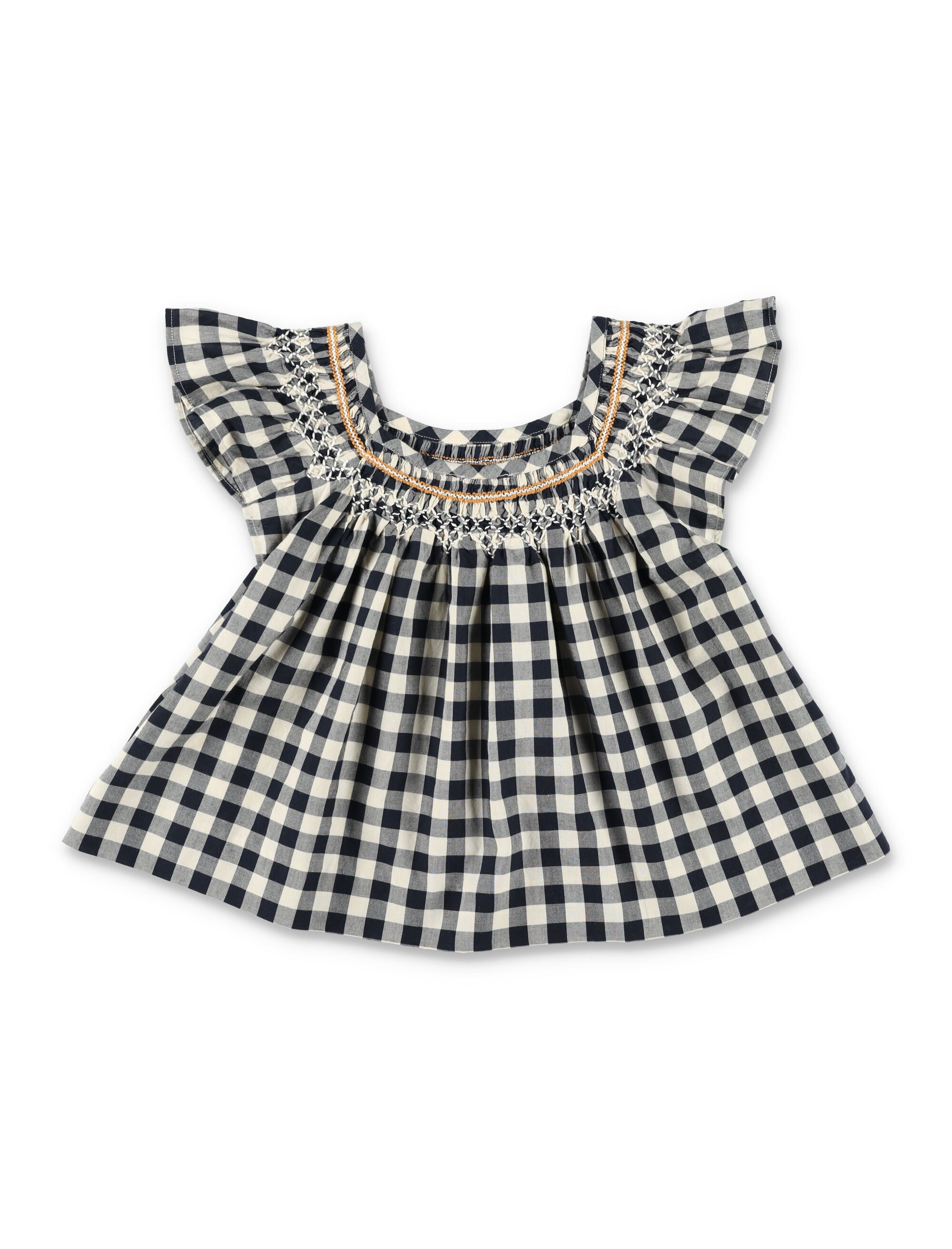 Bonpoint Carlie Girls Hand-Embroidered Smocked Blouse Dark Grey Cotton Shirt