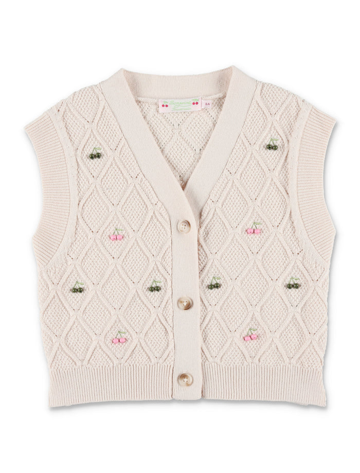 Bonpoint Lys V-neck cherry embroidered cardigan Upb Ecru Wool