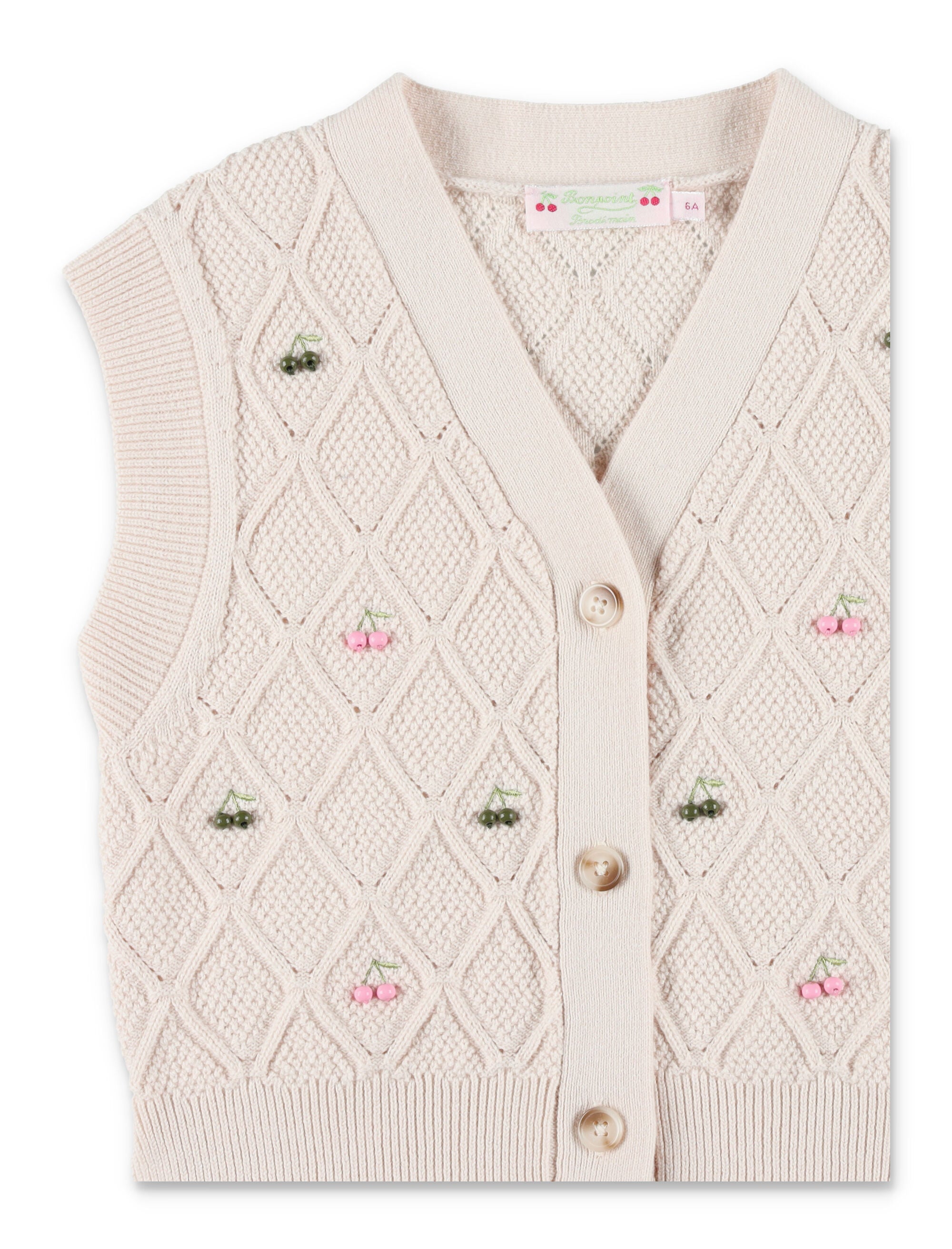 Bonpoint Lys V-neck cherry embroidered cardigan Upb Ecru Wool