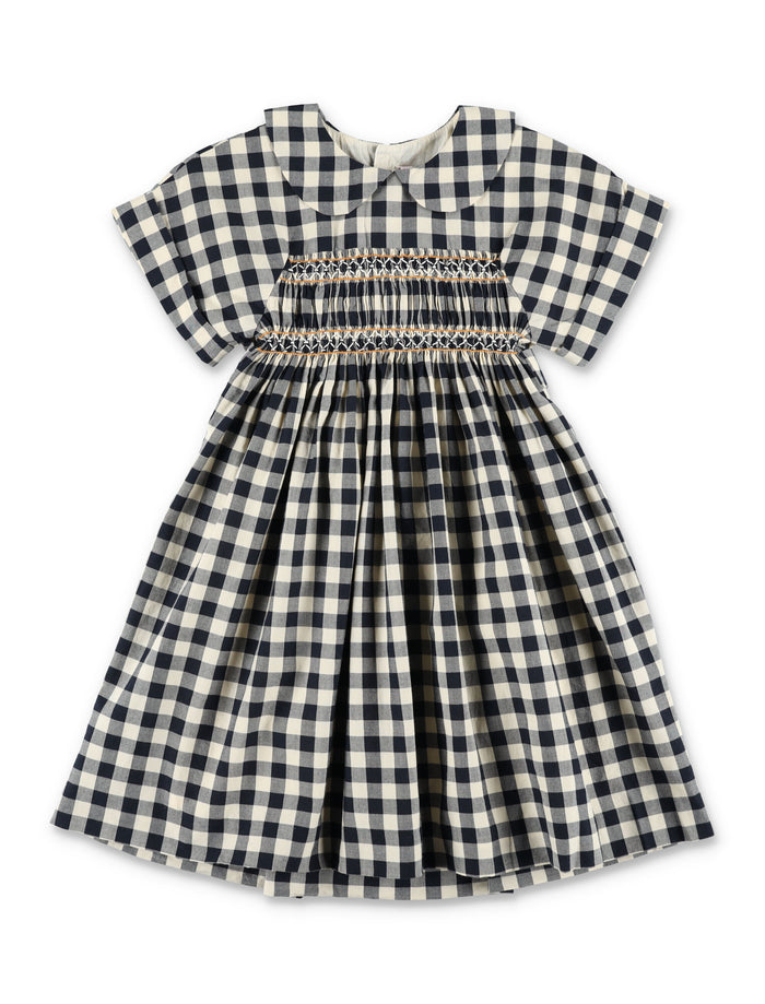 Bonpoint Lelou Girls Smocked Hand-Embroidered Dress Dark Grey Cotton