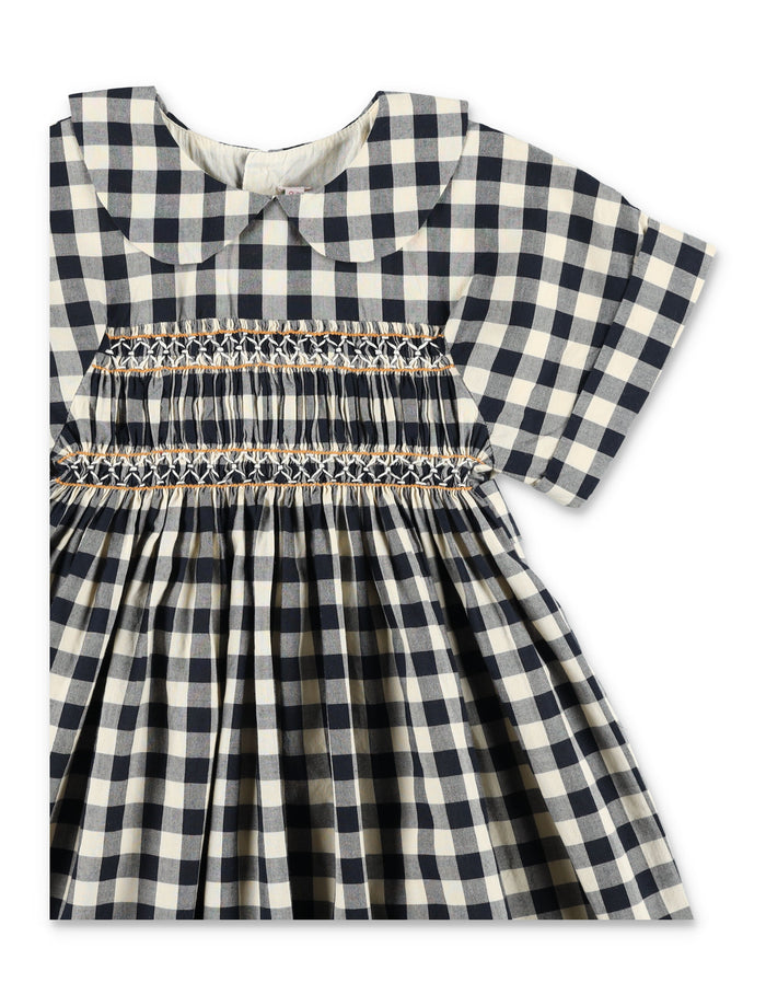 Bonpoint Lelou Girls Smocked Hand-Embroidered Dress Dark Grey Cotton