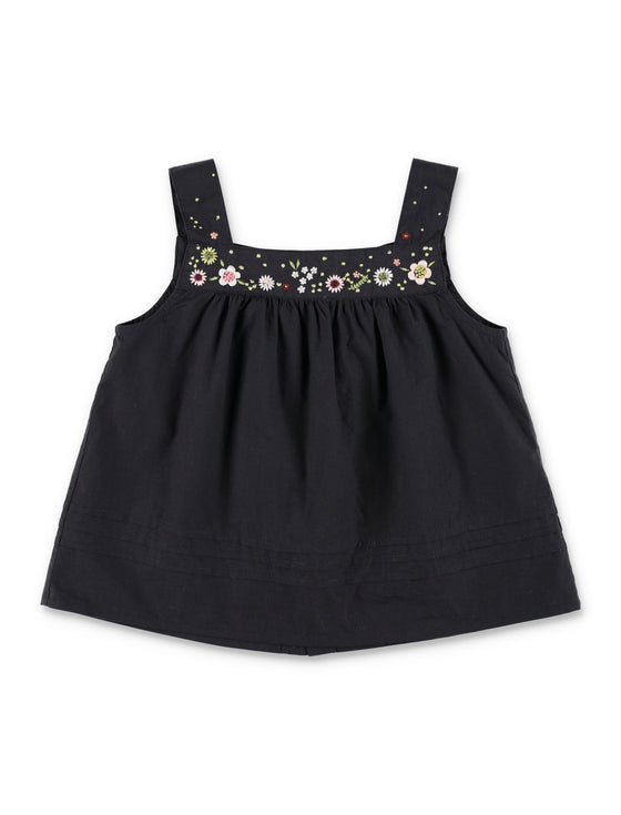 Bonpoint Elija Hand-Embroidered Pleated Blouse Black Organic Cotton Top