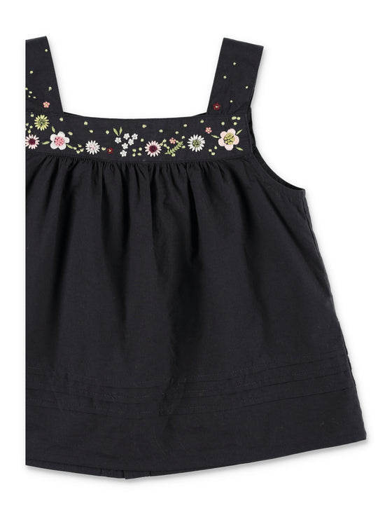 Bonpoint Elija Hand-Embroidered Pleated Blouse Black Organic Cotton Top