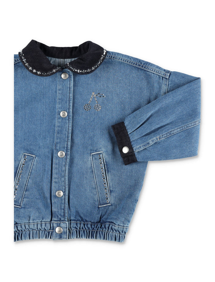 Bonpoint Lala Girls Denim Jacket With Rhinestones Blue Organic Cotton