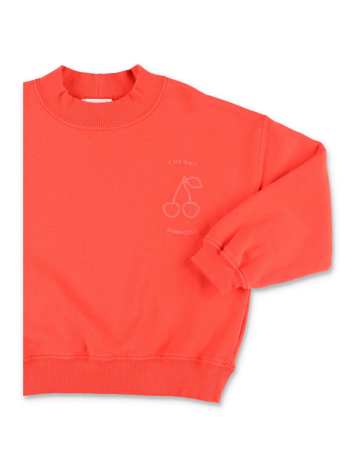 Bonpoint Lika Girls Cherry Embroidered Sweatshirt Coral Cotton