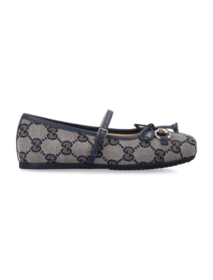 Gucci Gg Canvas Horsebit Ballet Flats For Girls Beige Blue Polyester Flat Shoes