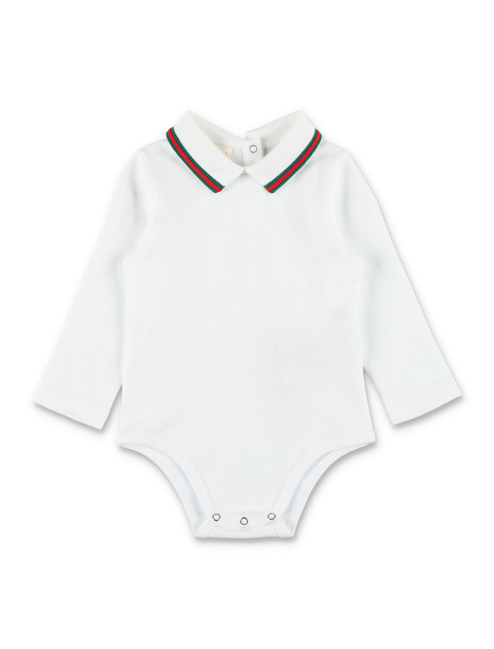 Gucci Web Collar Long Sleeve Bodysuit For Newborn Optical White Cotton