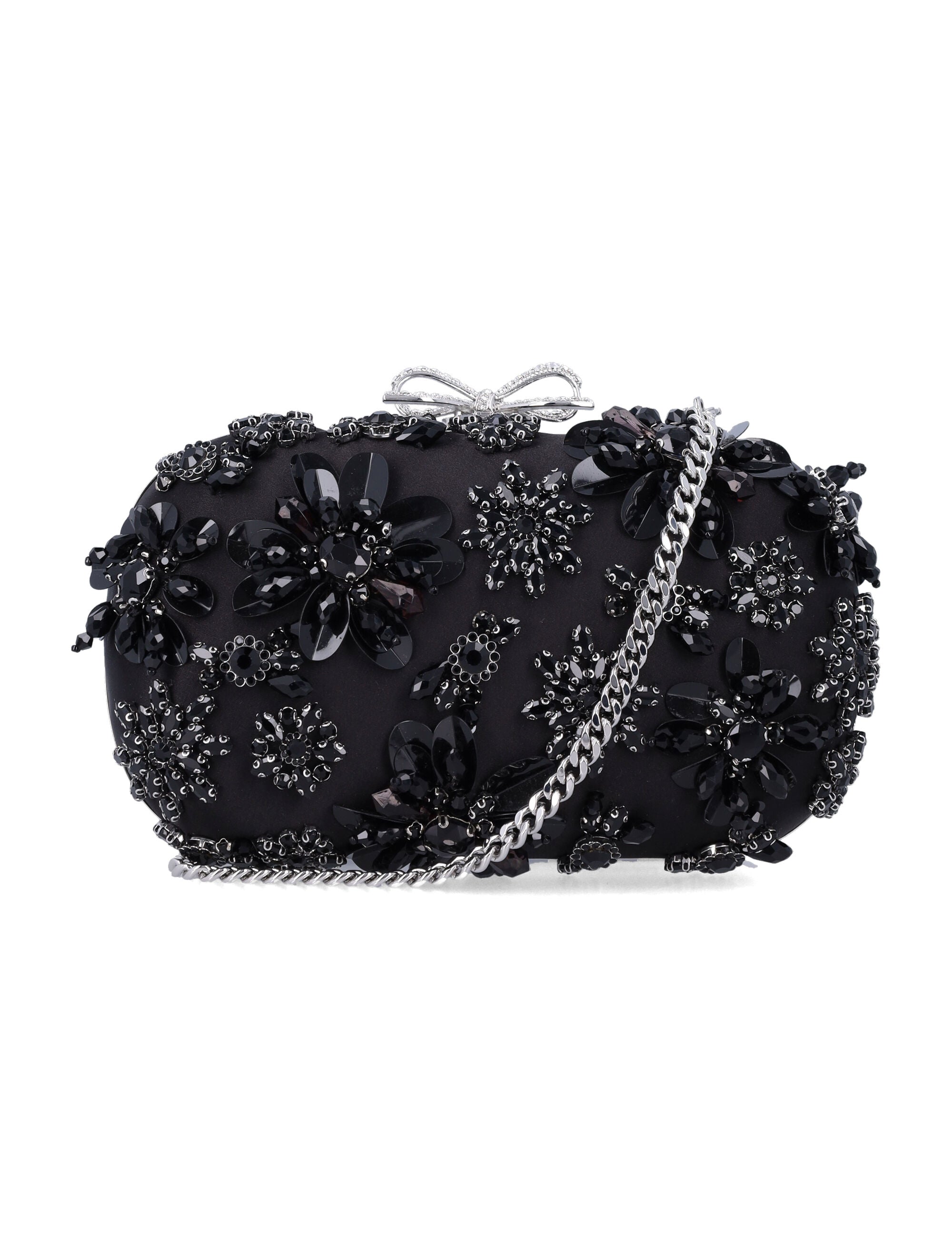 Self-Portrait black Satin Floral Crystal clutch Polyester